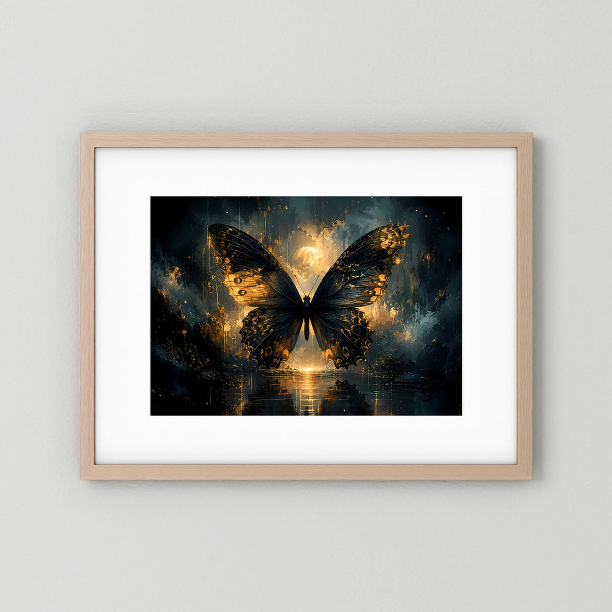 Gerahmtes Schmetterlingsposter mit goldener Butterfly-Grafik, heller Holzrahmen