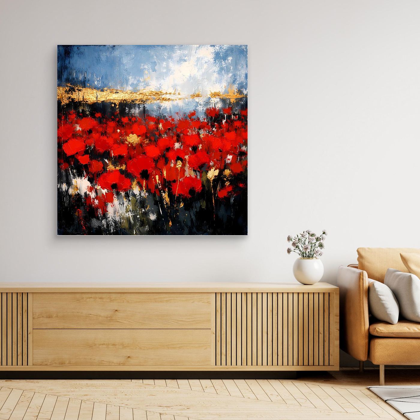 Wandbild mit dunklem Rahmen: rotes Blütenfeld, blauer Himmel und goldene Horizontlichter