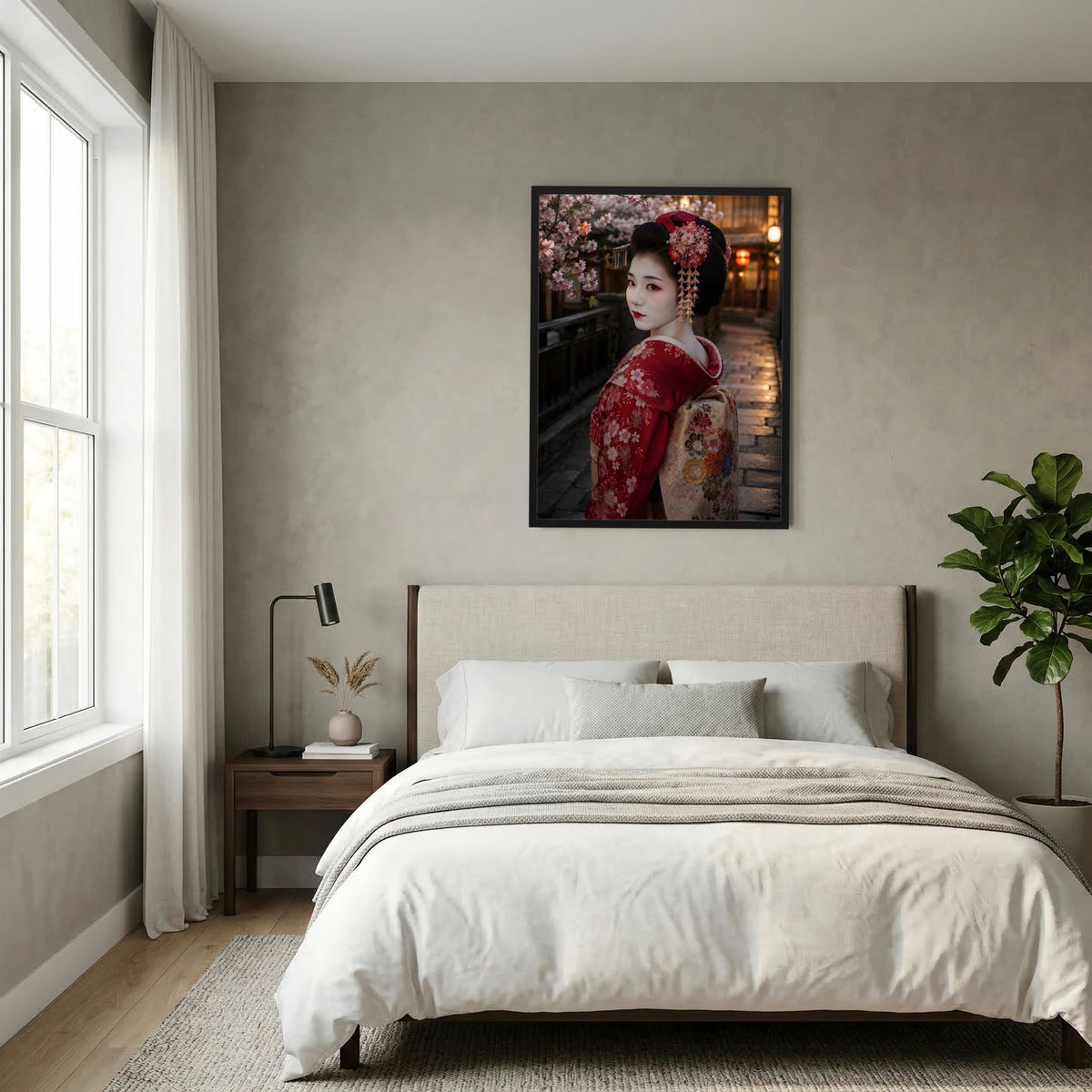 Hochformatiges Poster: Geisha im roten Kimono mit Kirschblüten, schwarzer Rahmen