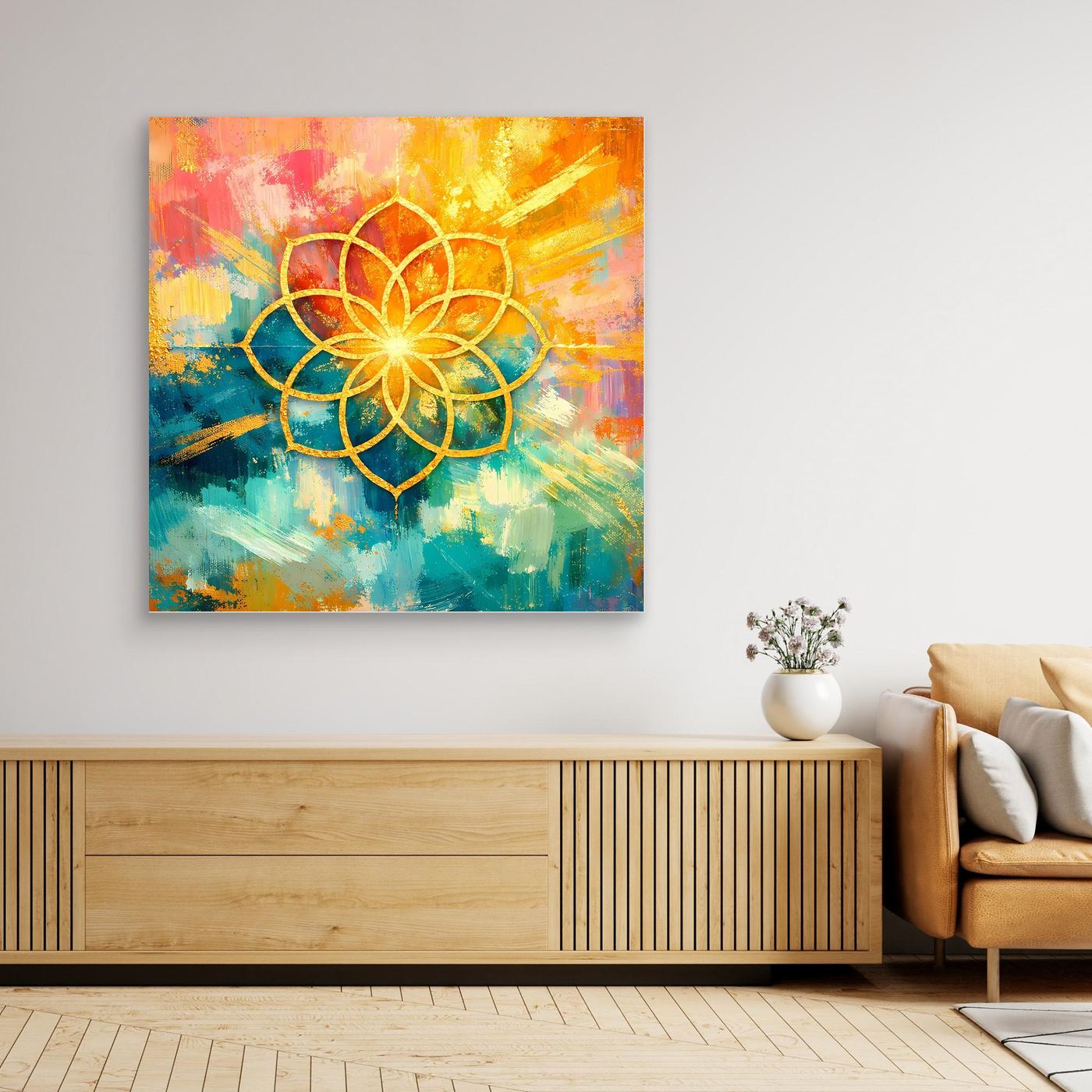 Leinwandbild Blume des Lebens mit Mandala, goldene Linien, bunte Farbflächen, dunkler Rahmen.