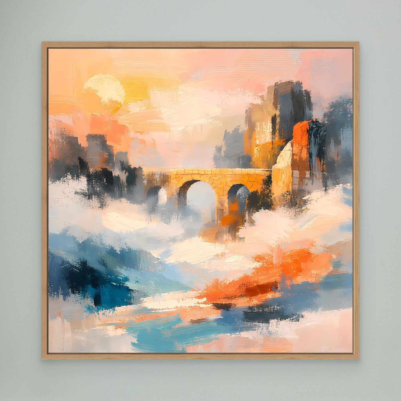 Premium Leinwand Historische Steinbrücke im Nebel | Abstraktes Aquädukt Wandbild im Sonnenaufgang