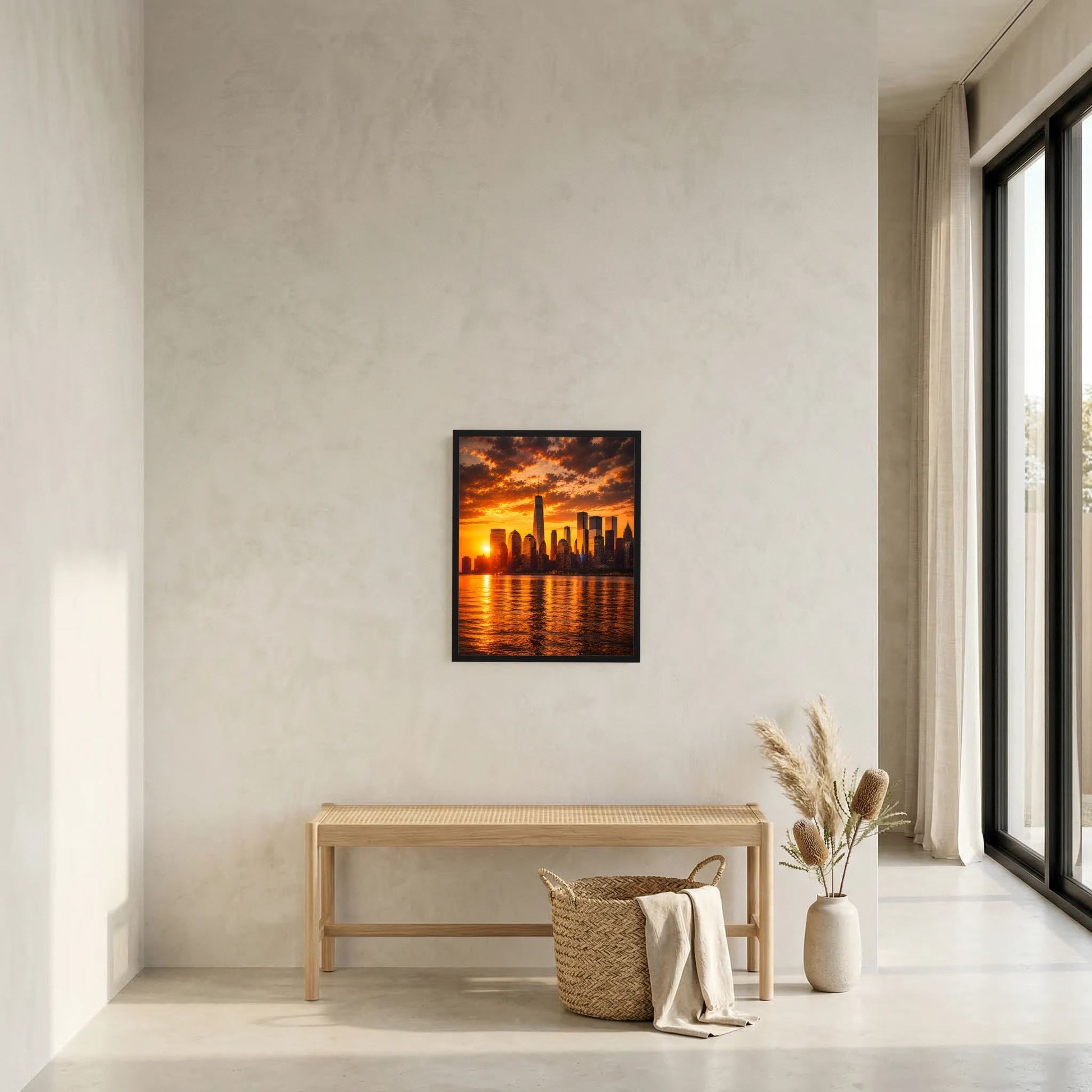 Hochformatiges Poster mit Skyline bei Sonnenuntergang über Wasser, mit hellem Holzrahmen