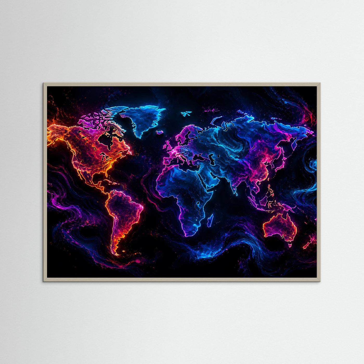 Weltkarte Poster | Neon Weltkarte Wandbild | Moderne World Map Kunst | Abstrakte Landkarte | Futuristische Wanddekoration
