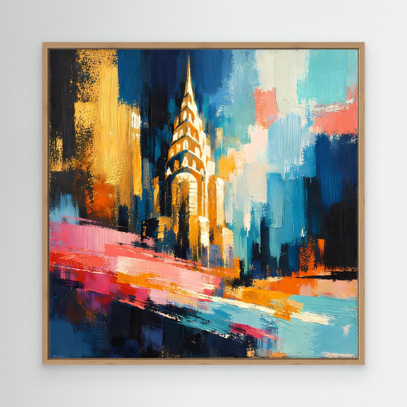 Leinwand-Wandbild im Eichenrahmen mit abstrakter Skyline: golden beleuchteter Turm, Farben