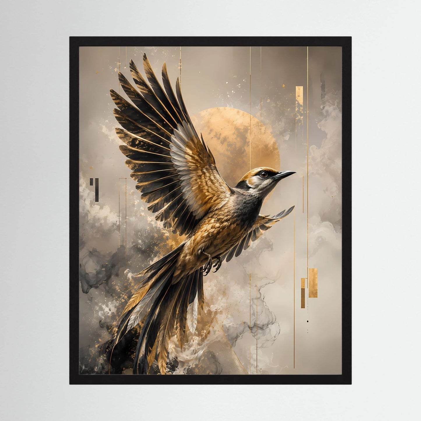 Vogelkunstposter im schwarzen Rahmen, hochkant, mit Flügeln in Schwarz und Gold