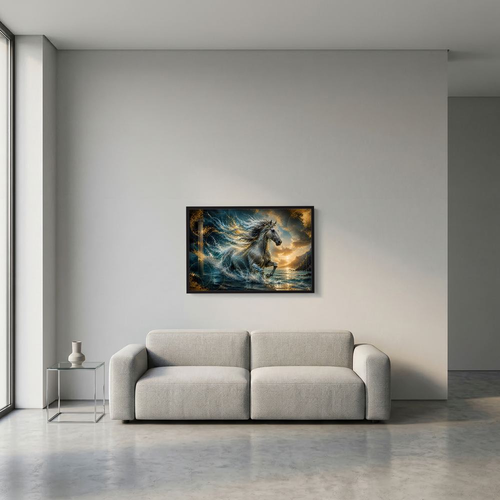 Gerahmtes Querformat-Poster mit Pferd im Meer, Wellen und goldenen Akzenten an der Wand