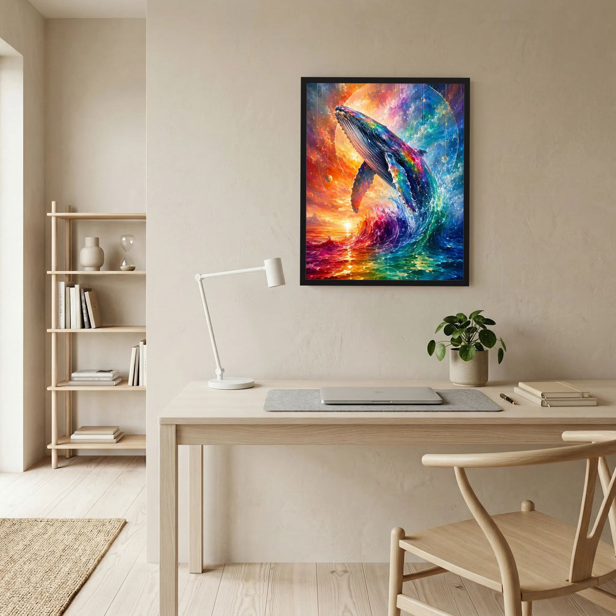 Poster im Hochformat: Wal springt über Wellen in leuchtenden Regenbogenfarben
