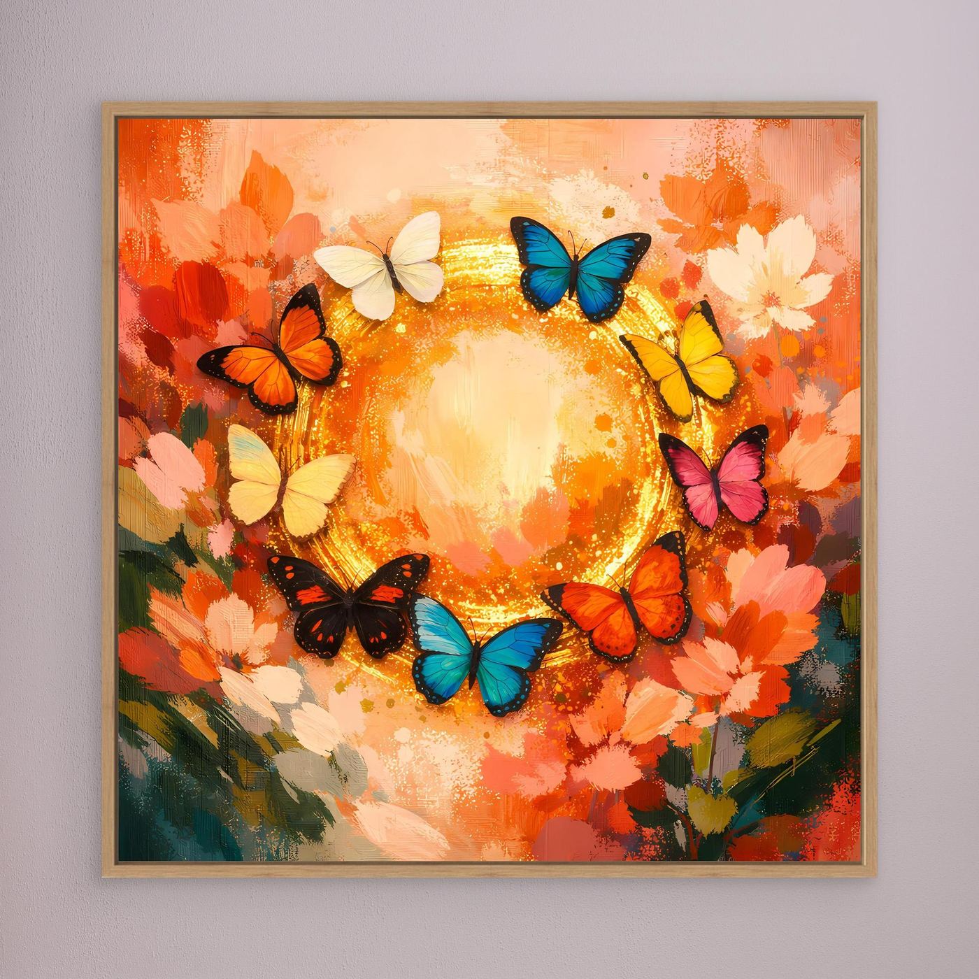 Leinwandbild mit Schmetterlingskreis: bunte Schmetterlinge um goldenen Mittelkreis, orange Blumen, brauner Rahmen