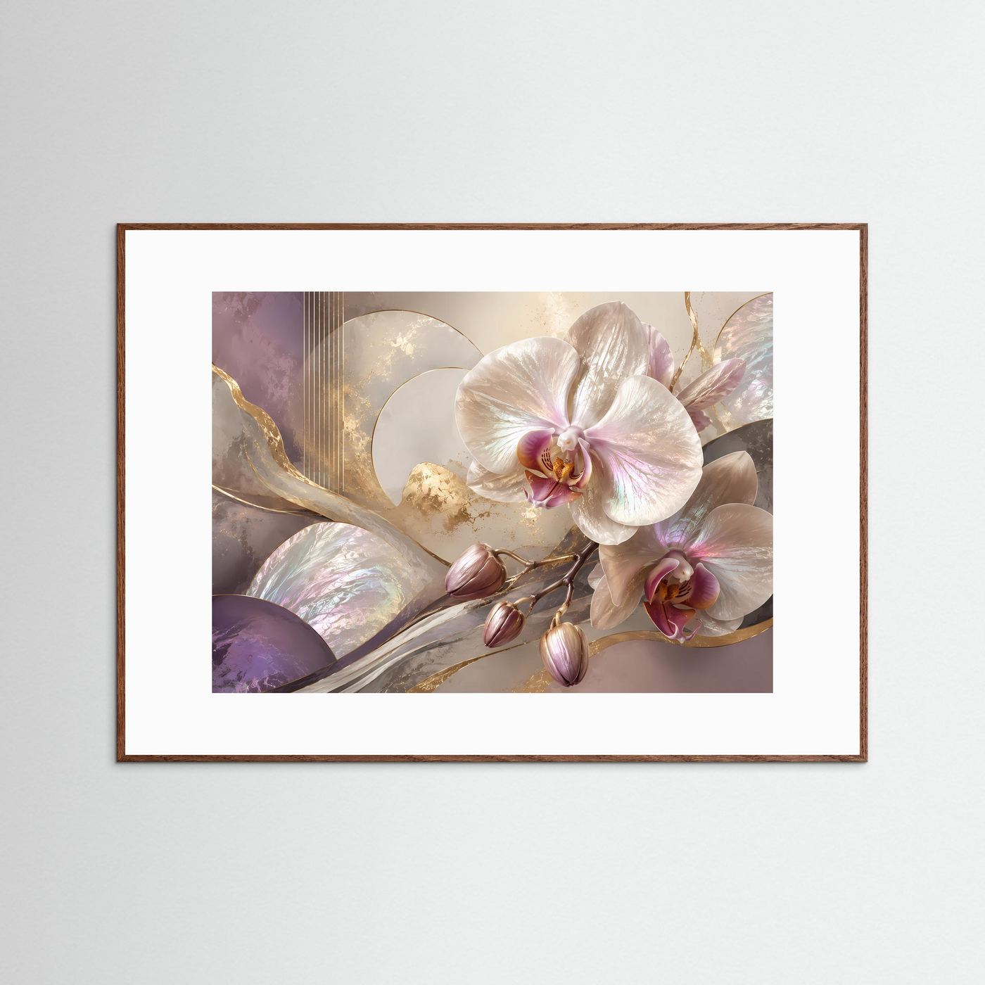 Orchideen-Poster im Querformat: große Orchidee, rosé- und lilafarbene Elemente, brauner Rahmen