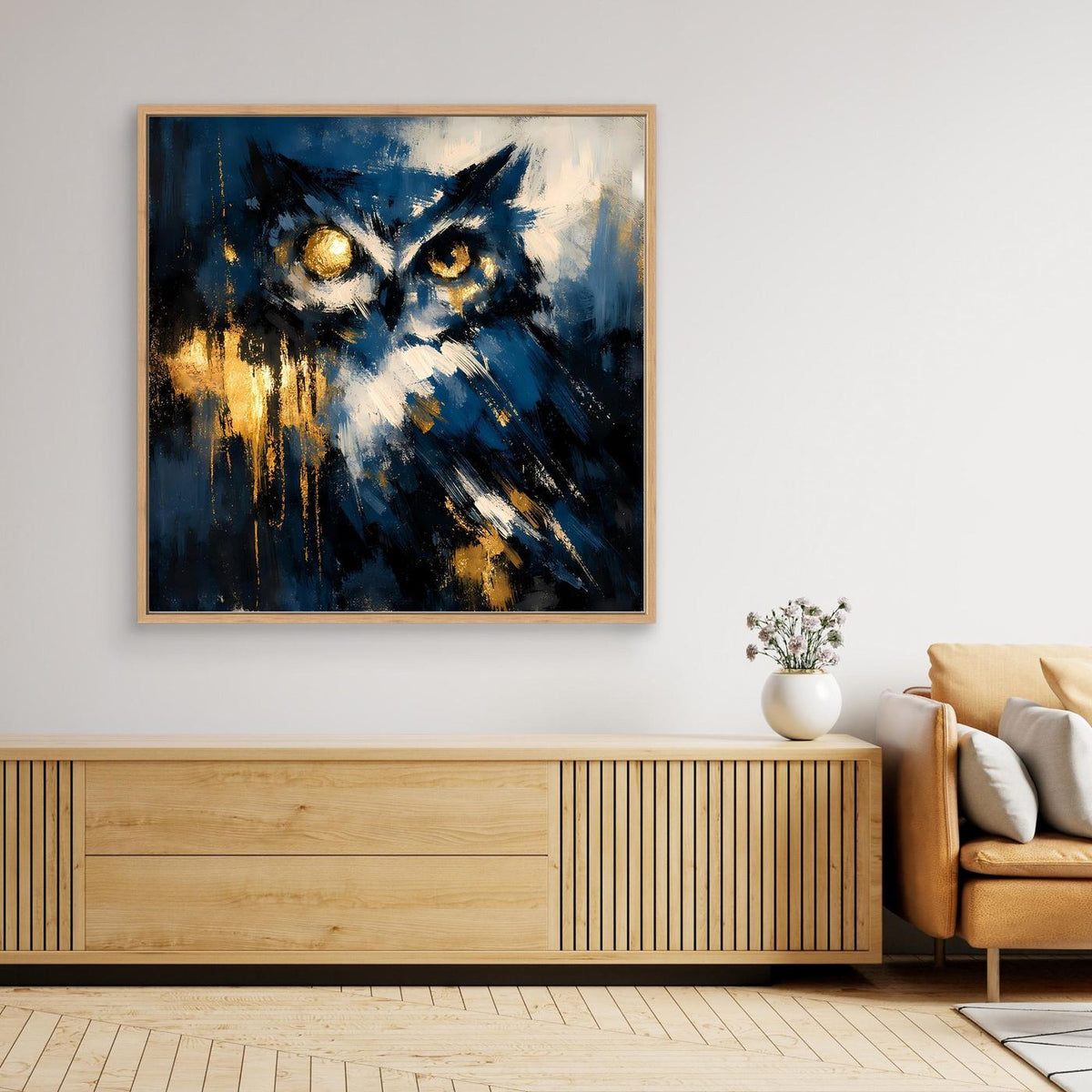 Leinwand-Wandbild mit abstrakter Eule in Blau und Gold, Holzrahmen