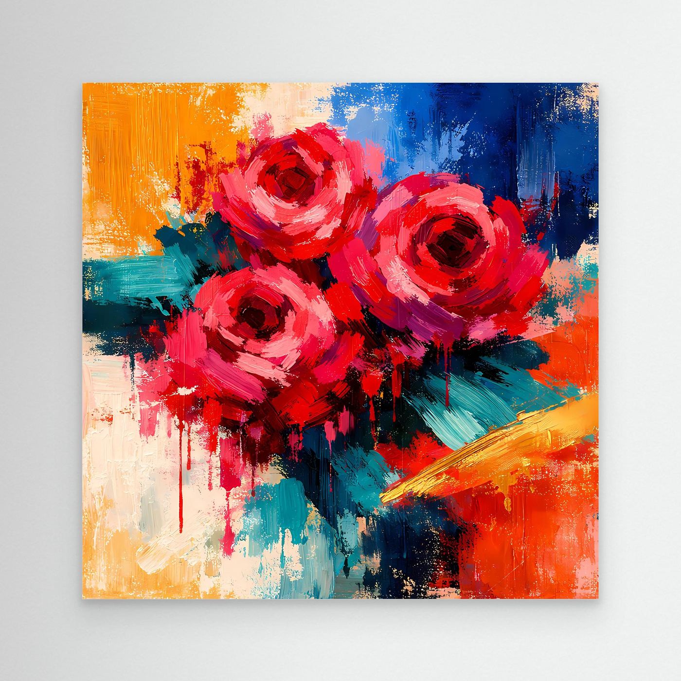 Abstraktes Leinwand-Wandbild mit roten Rosen, farbige Pinselstriche, ohne Rahmen