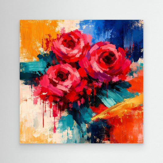 Abstraktes Leinwand-Wandbild mit roten Rosen, farbige Pinselstriche, ohne Rahmen