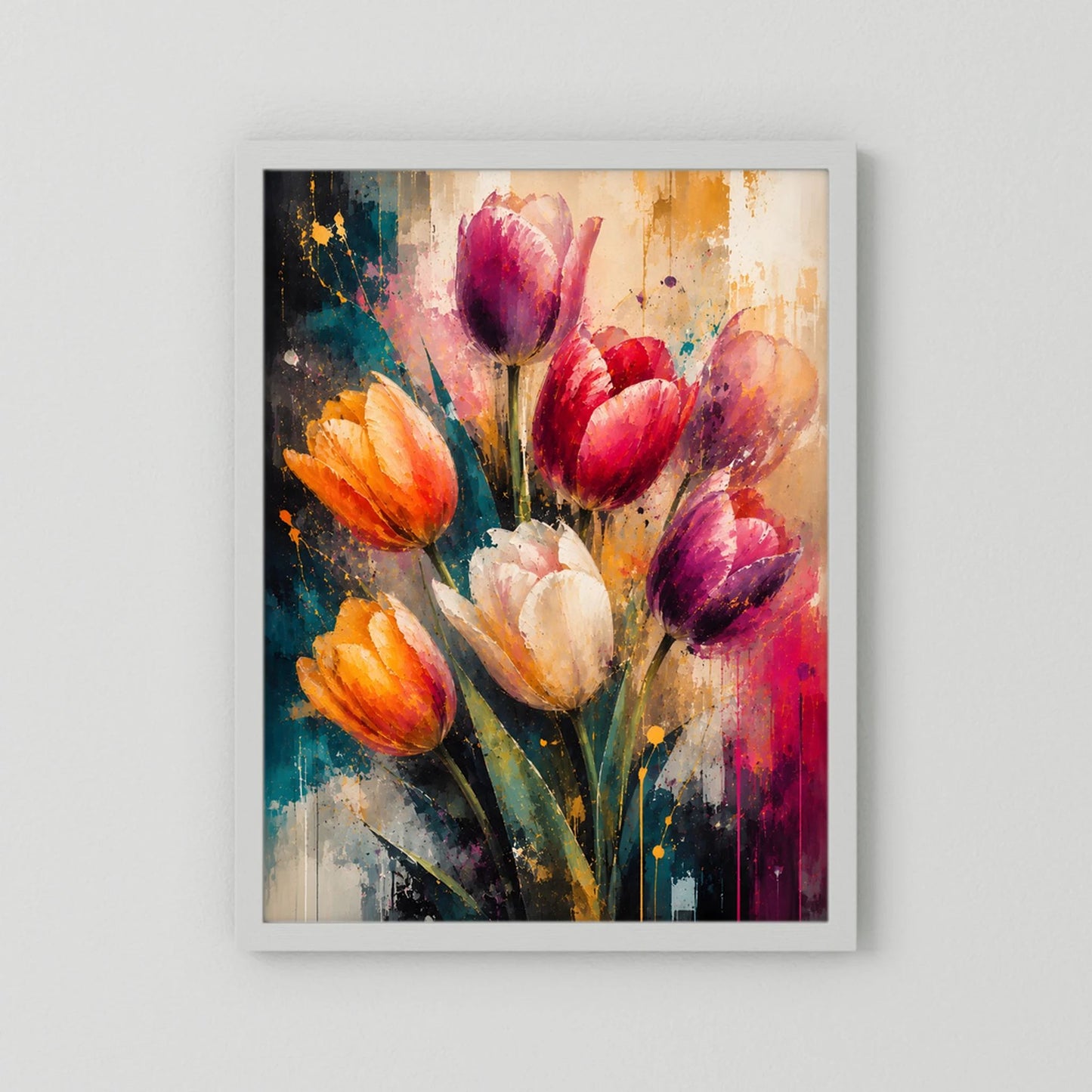 Gerahmtes Kunstposter mit abstrakten Tulpen in Pink, Orange und Violett, weißer Rahmen