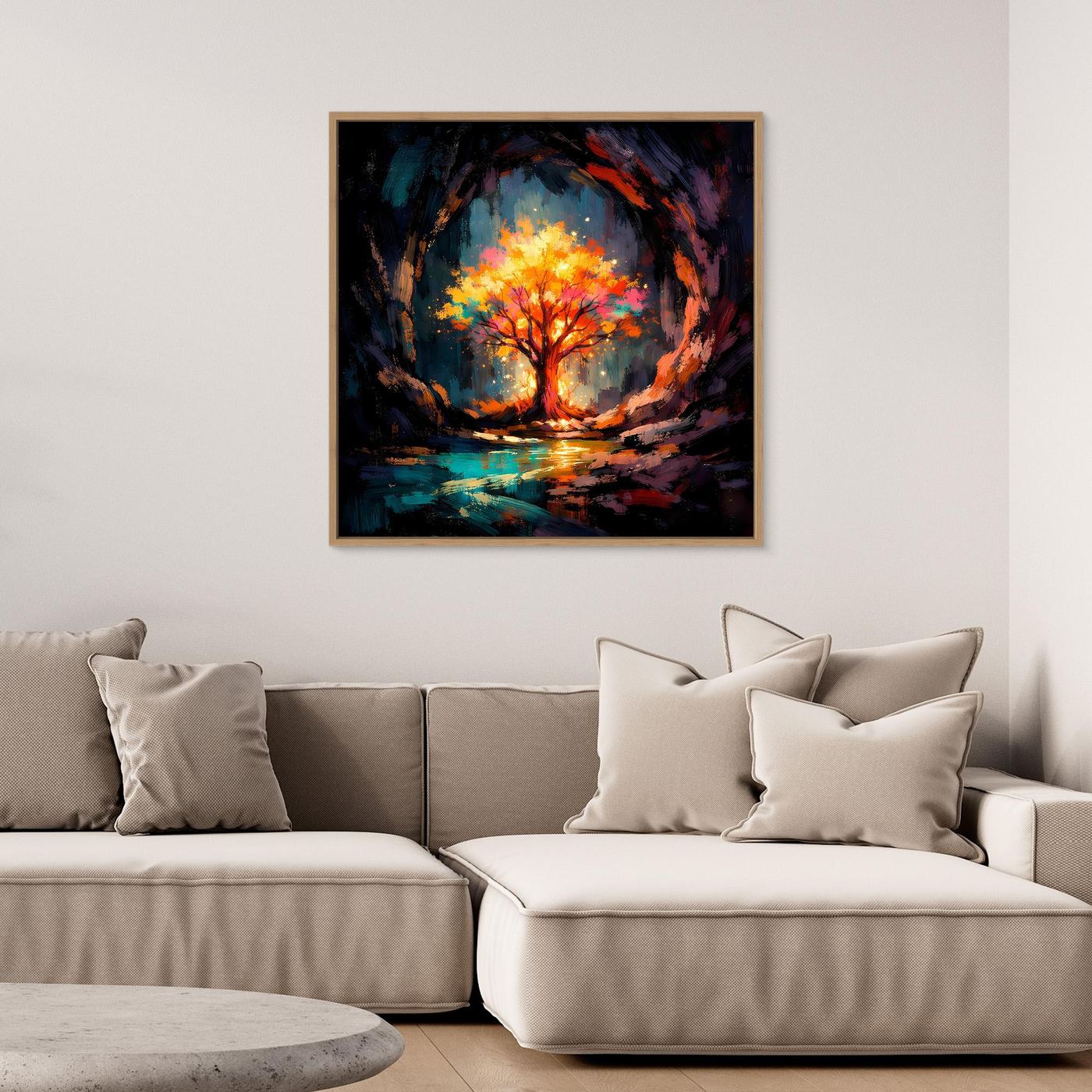 Abstract life tree canvas painting with fiery orange-yellow tree glow, black frame