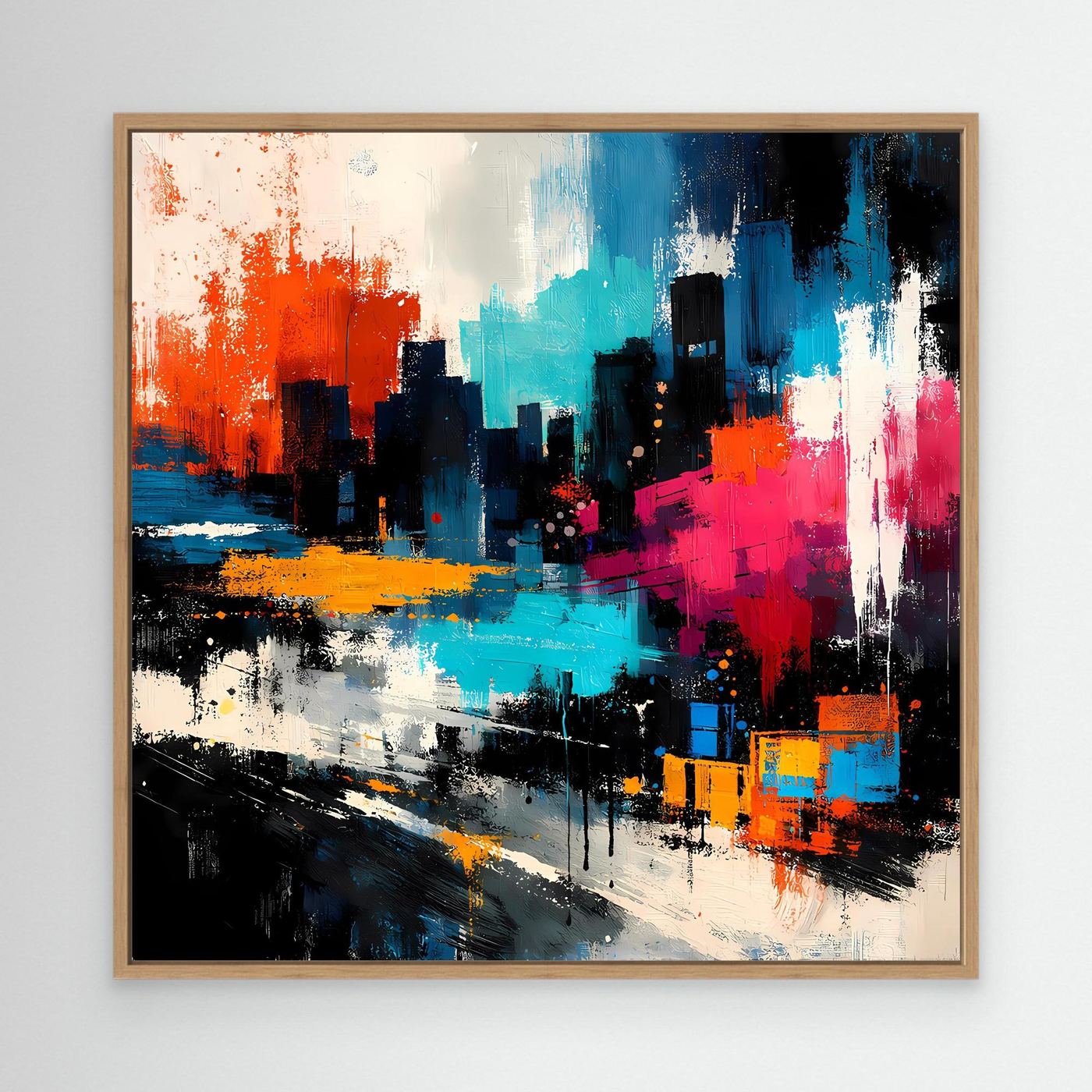 Abstract city skyline wall art with blue, orange, pink, and black paint, oak frame