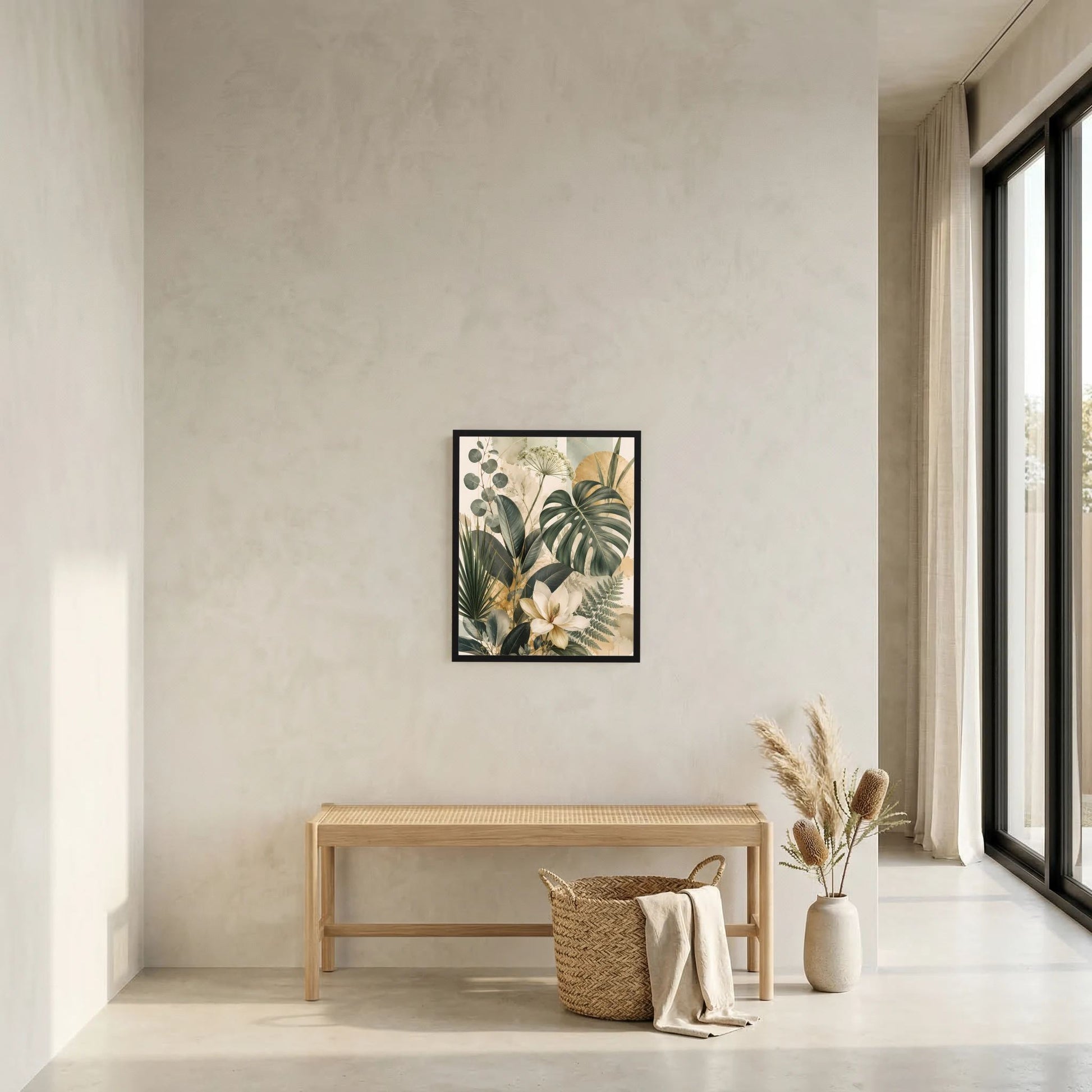 Kleines gerahmtes Poster: botanische Blätter und Magnolie in Grün und Gold, schwarzer Rahmen