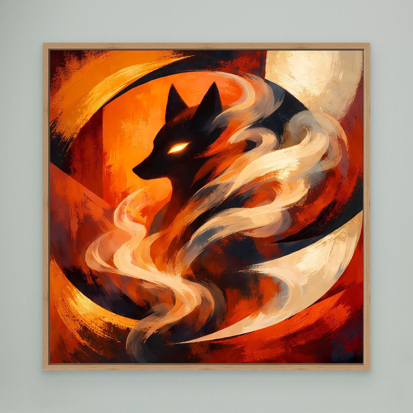 Leinwand-Wandbild mit schwarzem Wolfskopf, Feuernebel in Orange/Rot und Holzrahmen