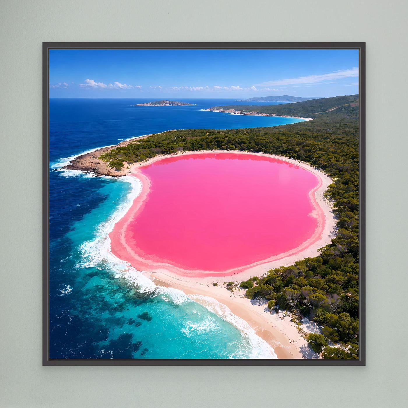 Leinwandbild mit rosa See und türkisfarbener Küste im Hochformat, schwarzer Rahmen