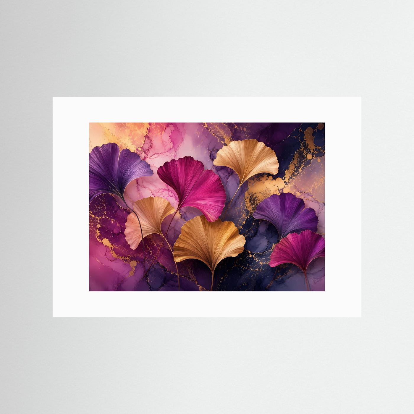 Ginkgo-Blätter in Gold, Violett & Magenta | Abstrakte botanische Wandkunst
