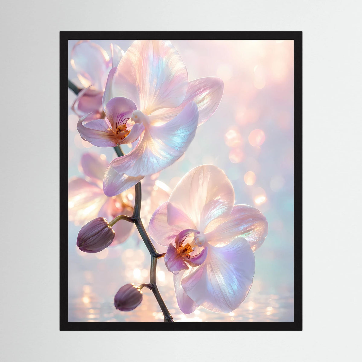 Kunstposter mit Orchideenblüten in Pastellrosa und Hellblau, im schwarzen Rahmen