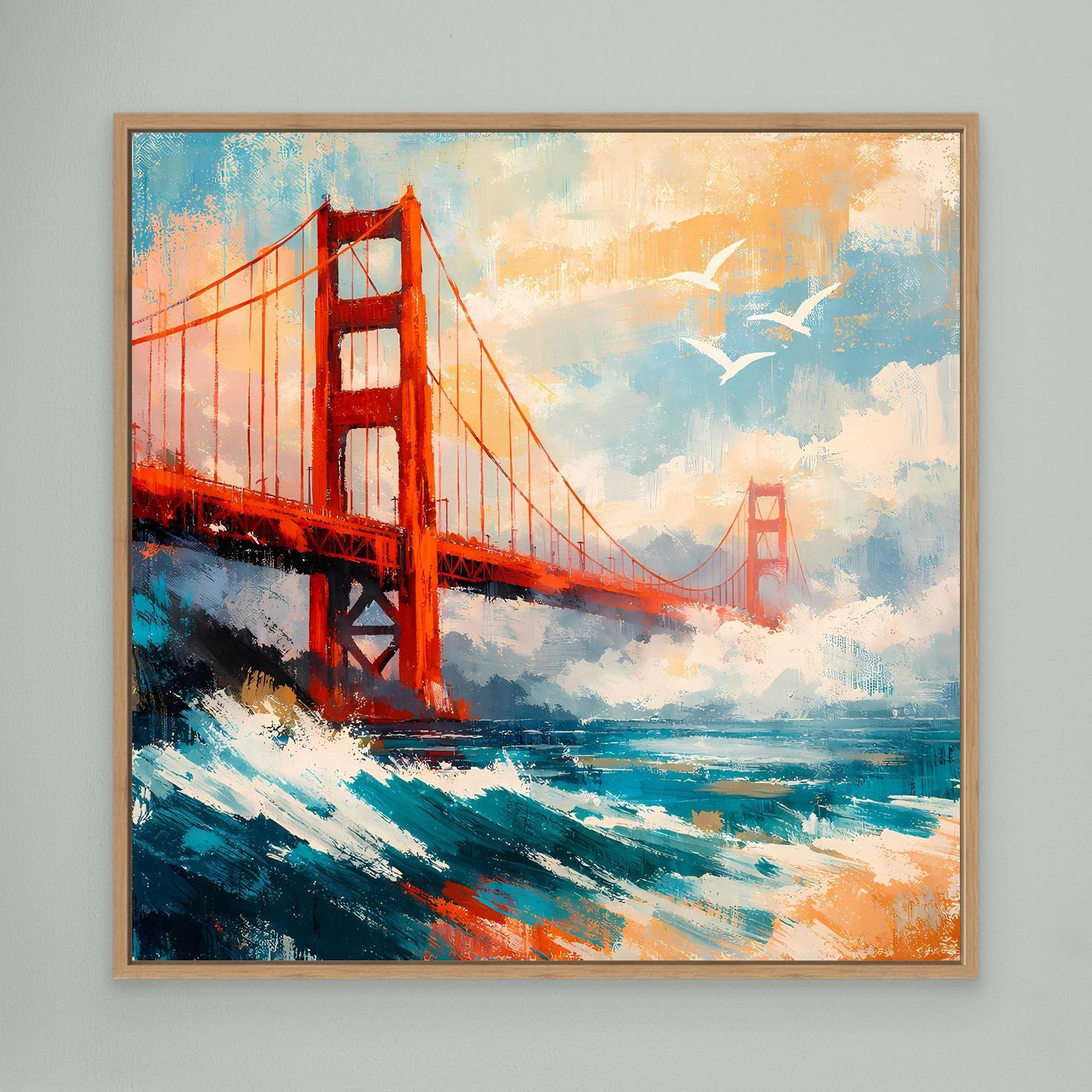 Abstraktes Leinwand-Wandbild mit Golden-Gate-Brücke, orangefarben und türkisblau, Eichenrahmen