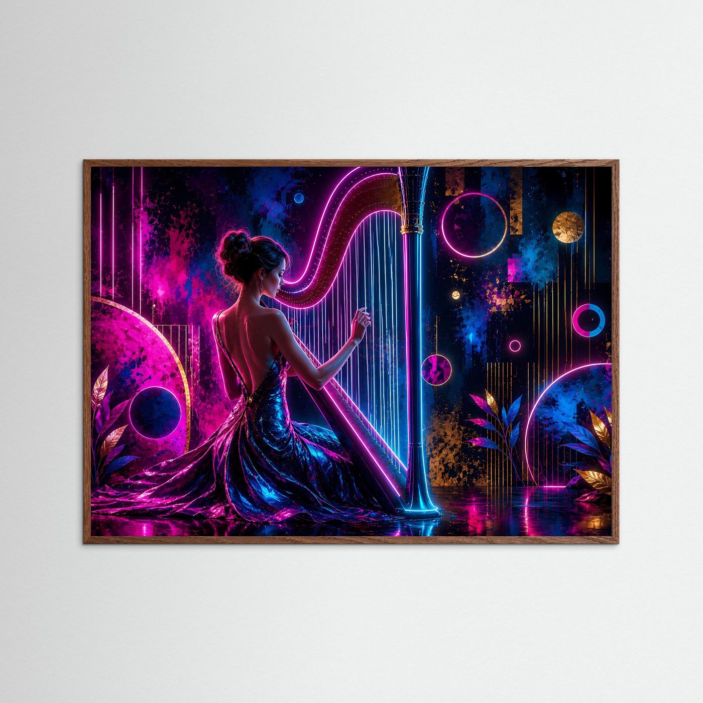 Harfenspielerin im Neonlicht | Moderne Musik Wandkunst in Pink & Blau