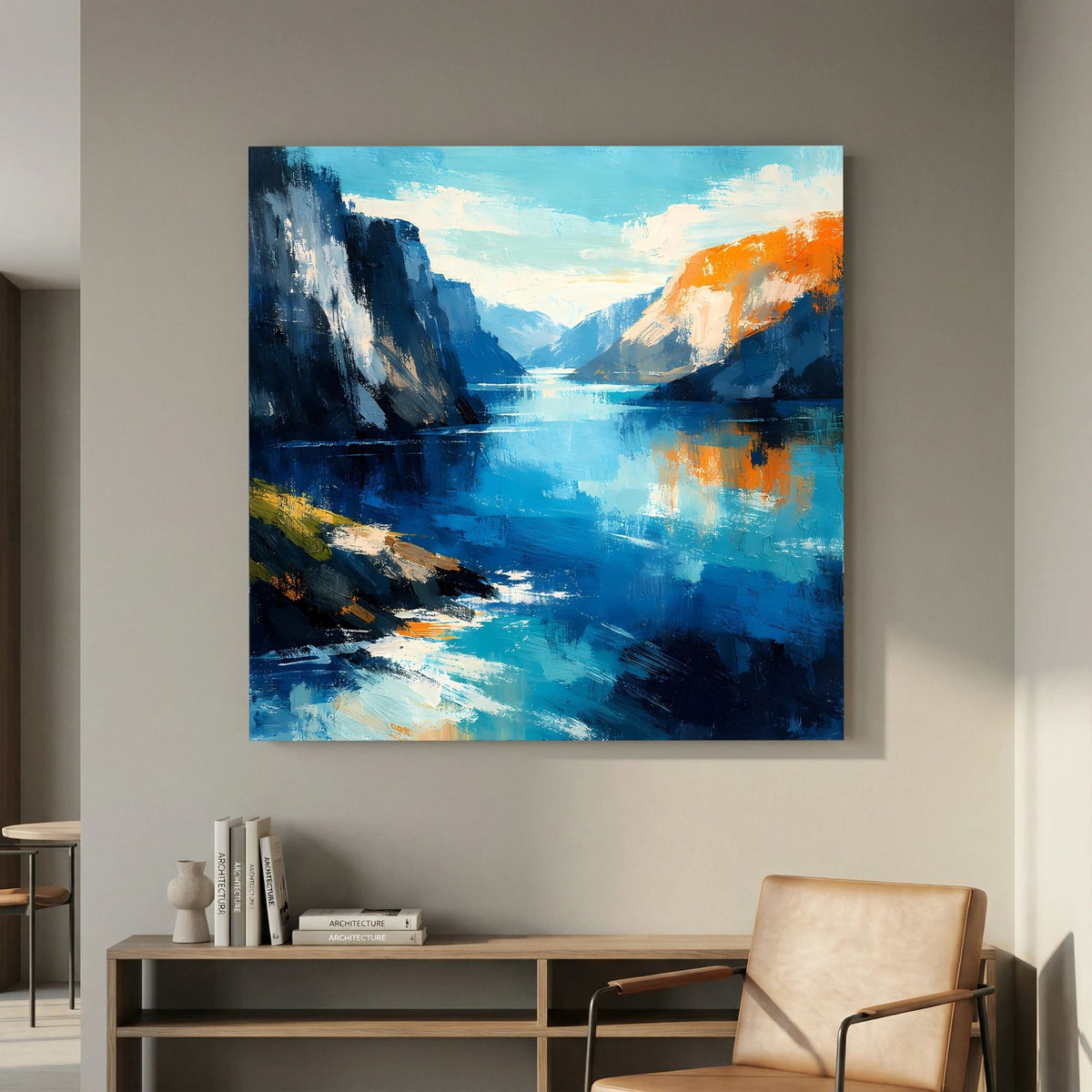 Leinwand Abstraktes Fjord Gemälde | Modernes Norwegisches Wandbild Blau Orange