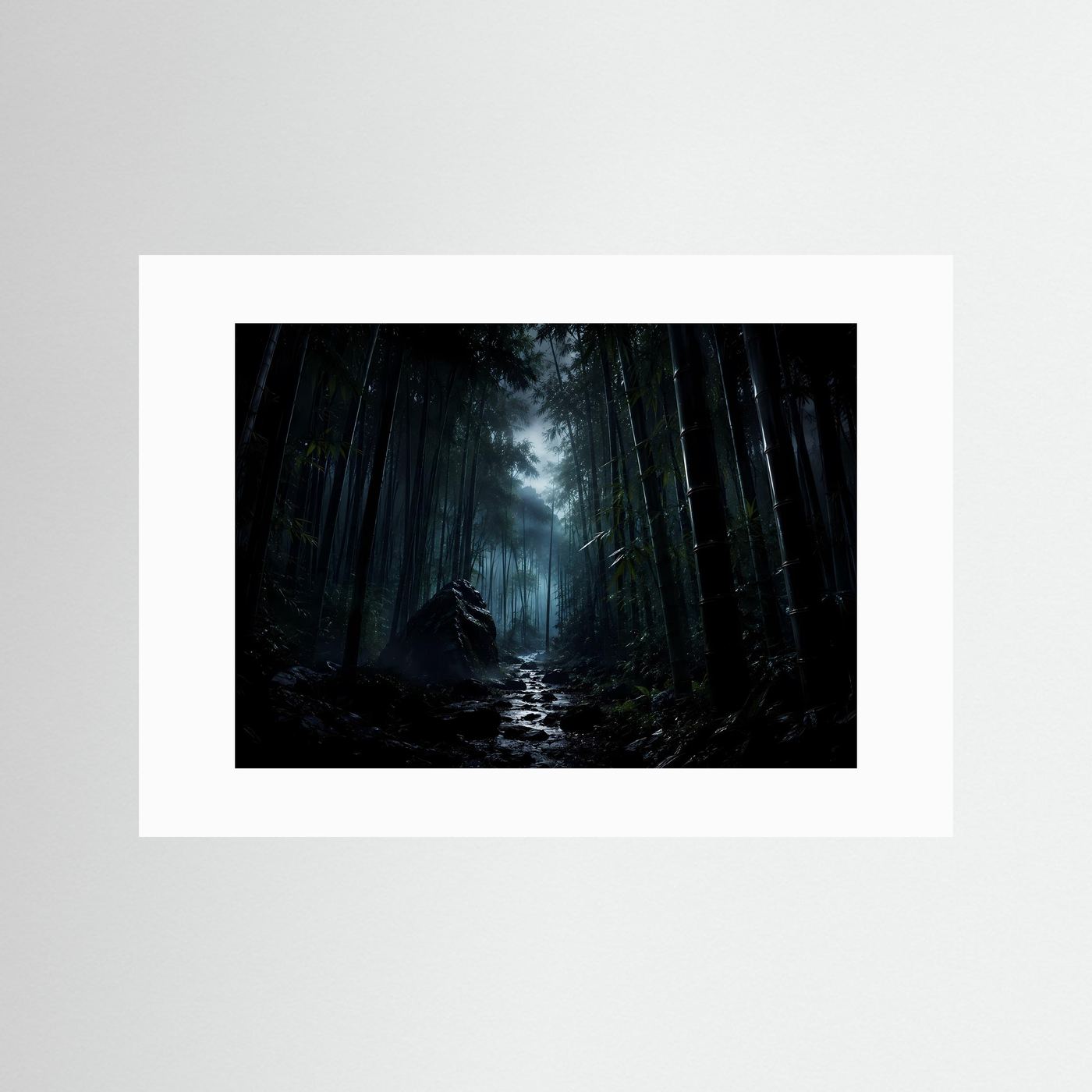 Mystischer Bambuswald bei Nacht Poster | Japanischer Zen Wald Nebel Landschaft Wandbild Querformat