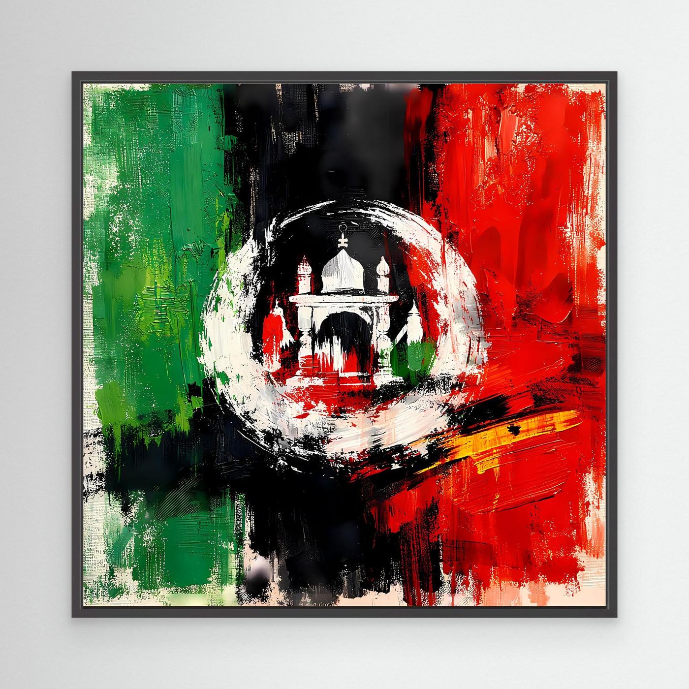 Abstract Afghanistan flag wall art with black frame, central white circle and building silhouette