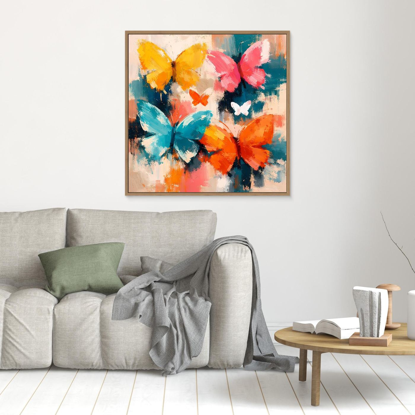 Leinwand Farbenfrohe Schmetterlinge im Flug | Abstraktes Natur & Frühling Wandbild