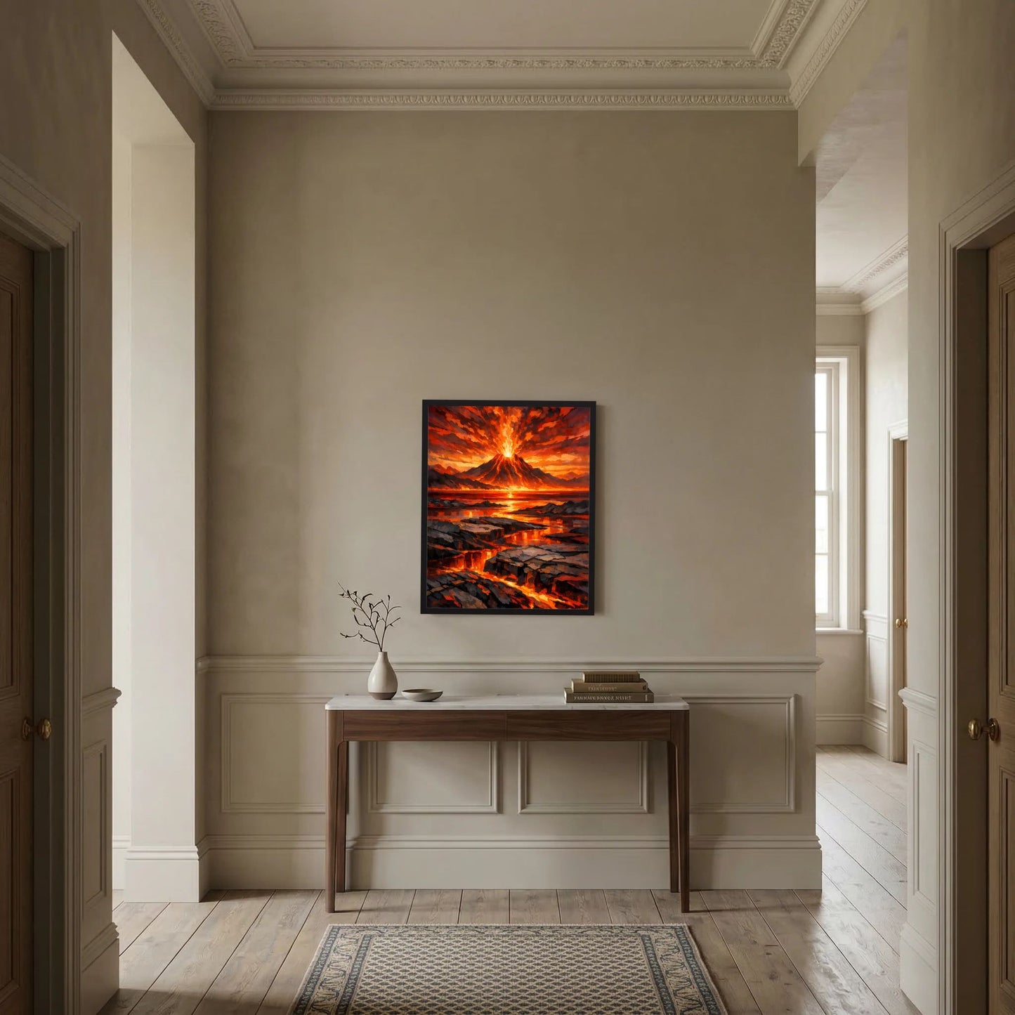 Gerahmtes Poster an der Wand: Vulkanausbruch mit glühender Lava und dramatischem Orange-Himmel