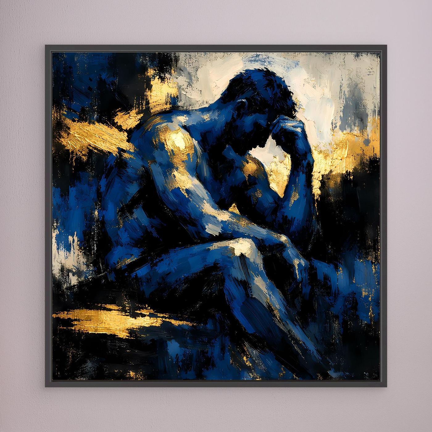 Leinwand Der Denker in Blau | Abstraktes Männersilhouette Wandbild Gold