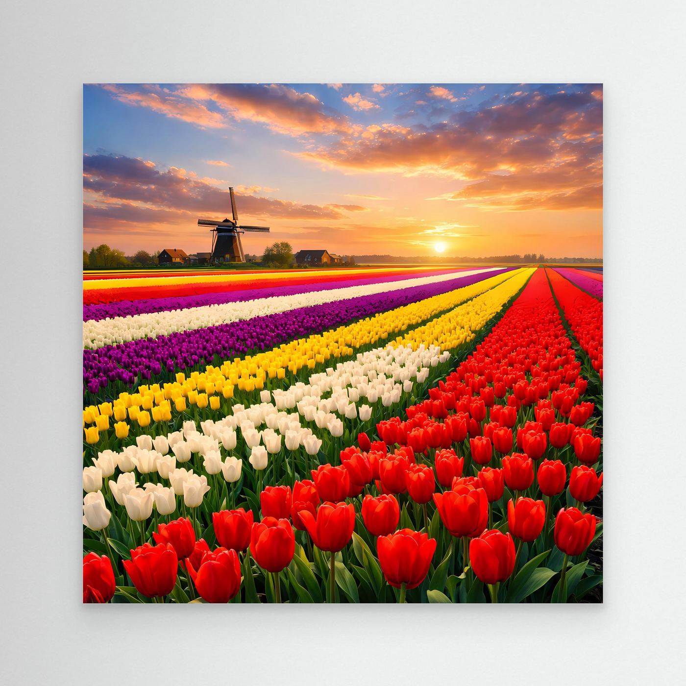 Leinwandbild mit buntem Tulpenfeld und Windmühle bei Sonnenuntergang, ohne Rahmen