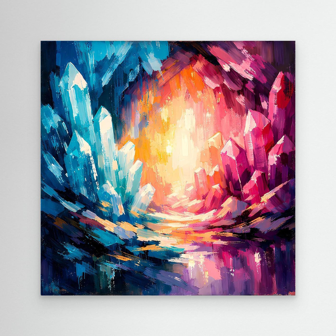 Abstract canvas wall art with blue, pink, and orange crystal burst