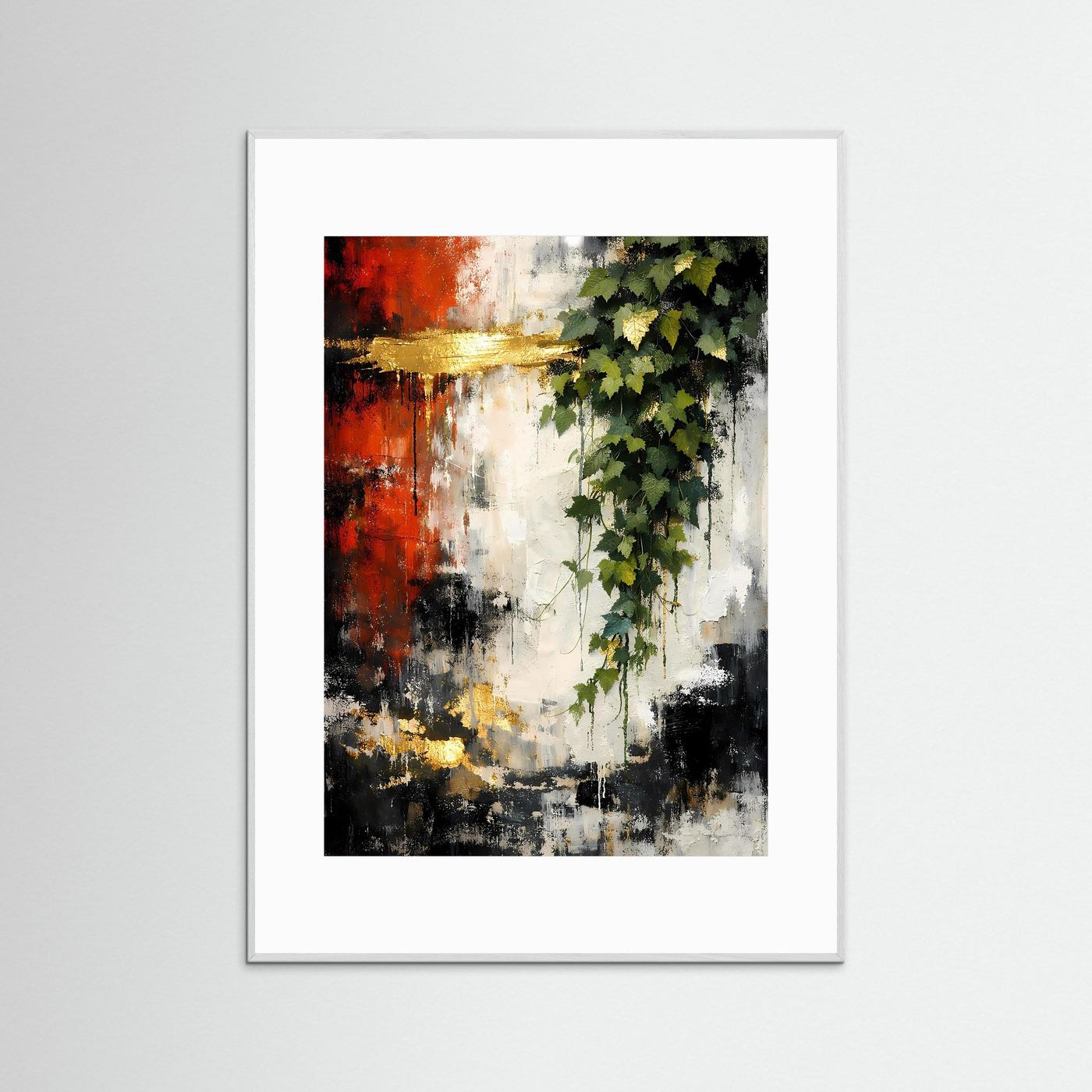Hochformatiges Kunstposter mit Efeu-Motiv, rot-schwarz-weiß, golden, weiß gerahmt