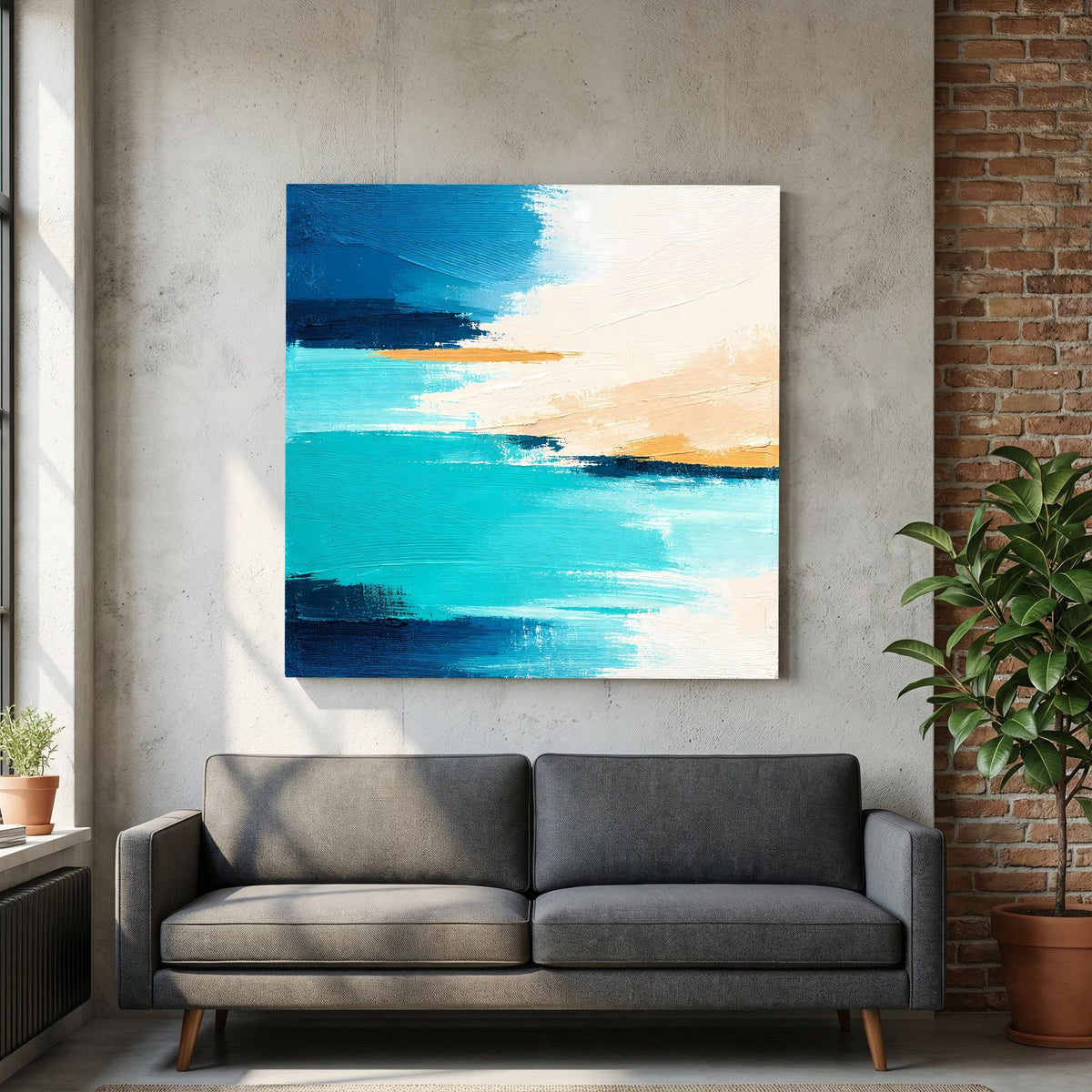 Abstraktes Leinwand-Wandbild mit türkisblauem Farbauftrag und beigen Highlights, quadratisch