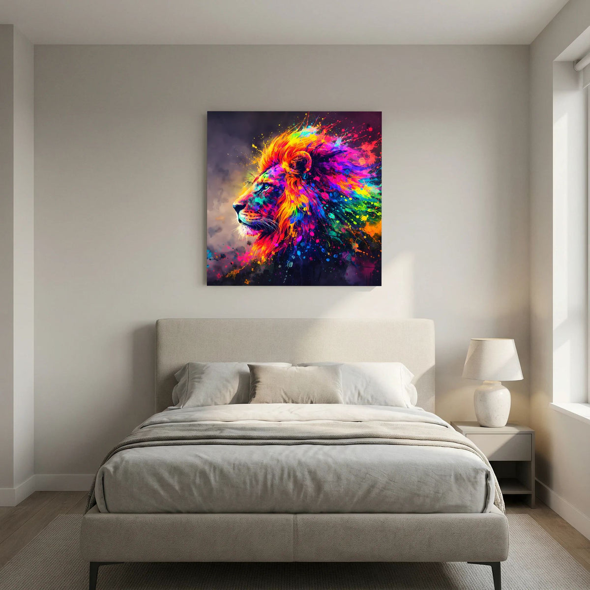 Leinwandbild auf Keilrahmen mit Löwenkopf-Illustration in kräftigen Regenbogenfarben