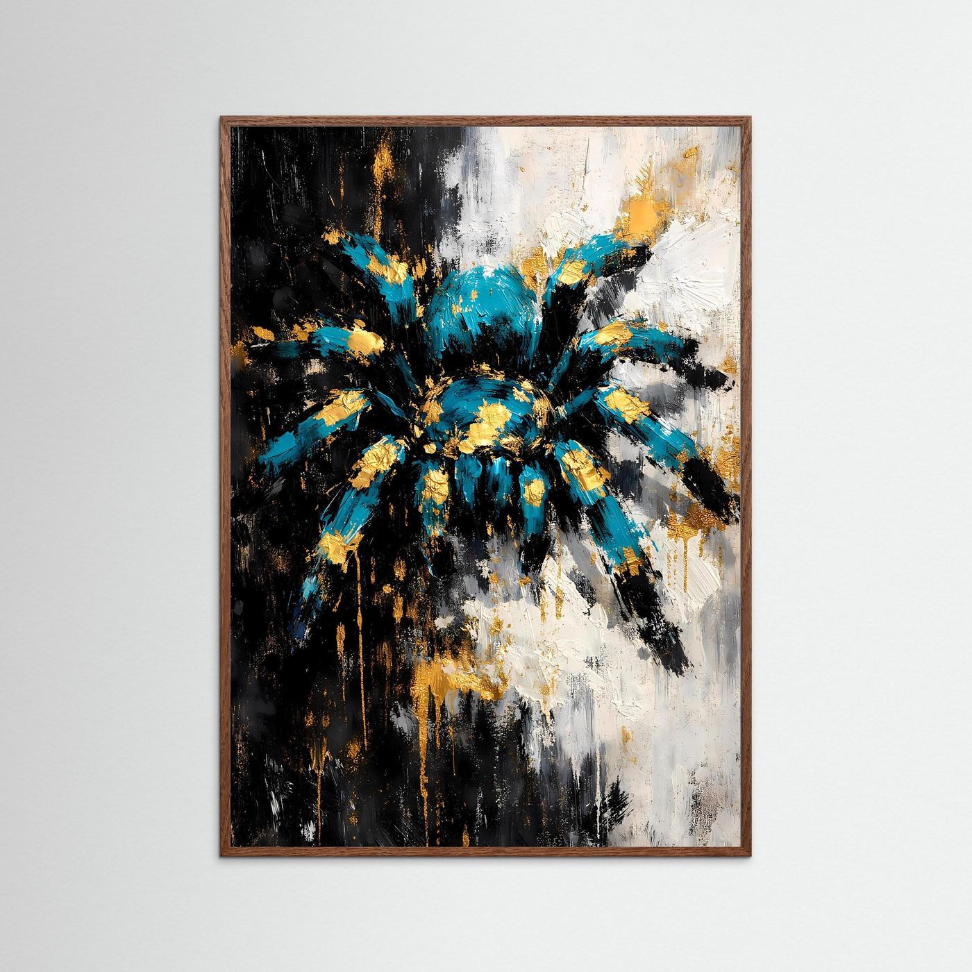 Abstraktes Spinnen-Kunstposter im Hochformat mit braunem Holzrahmen, türkis-goldene Farben