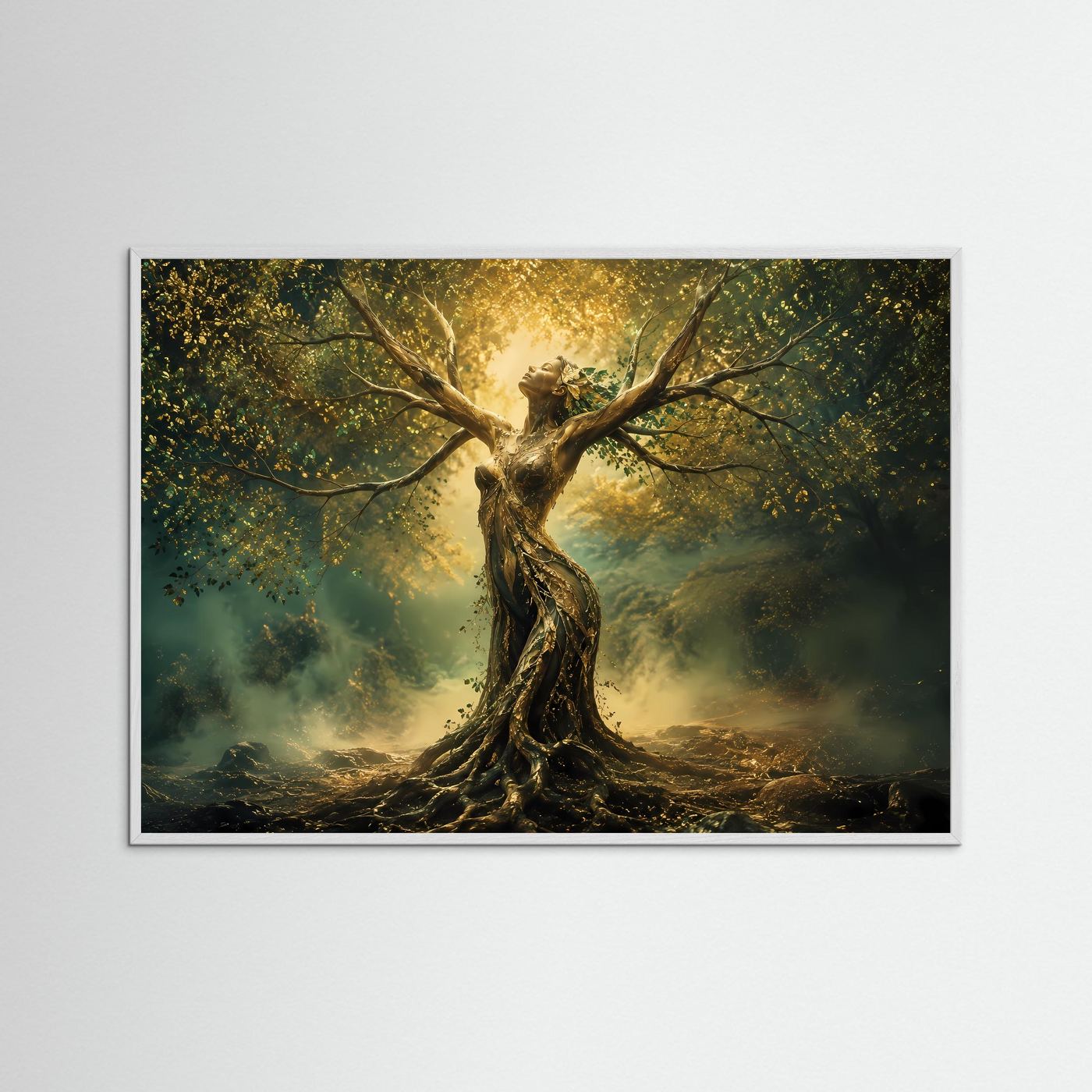 Göttin des Waldes | Mystischer Lebensbaum in Gold & Grün – Fantasy Wandkunst