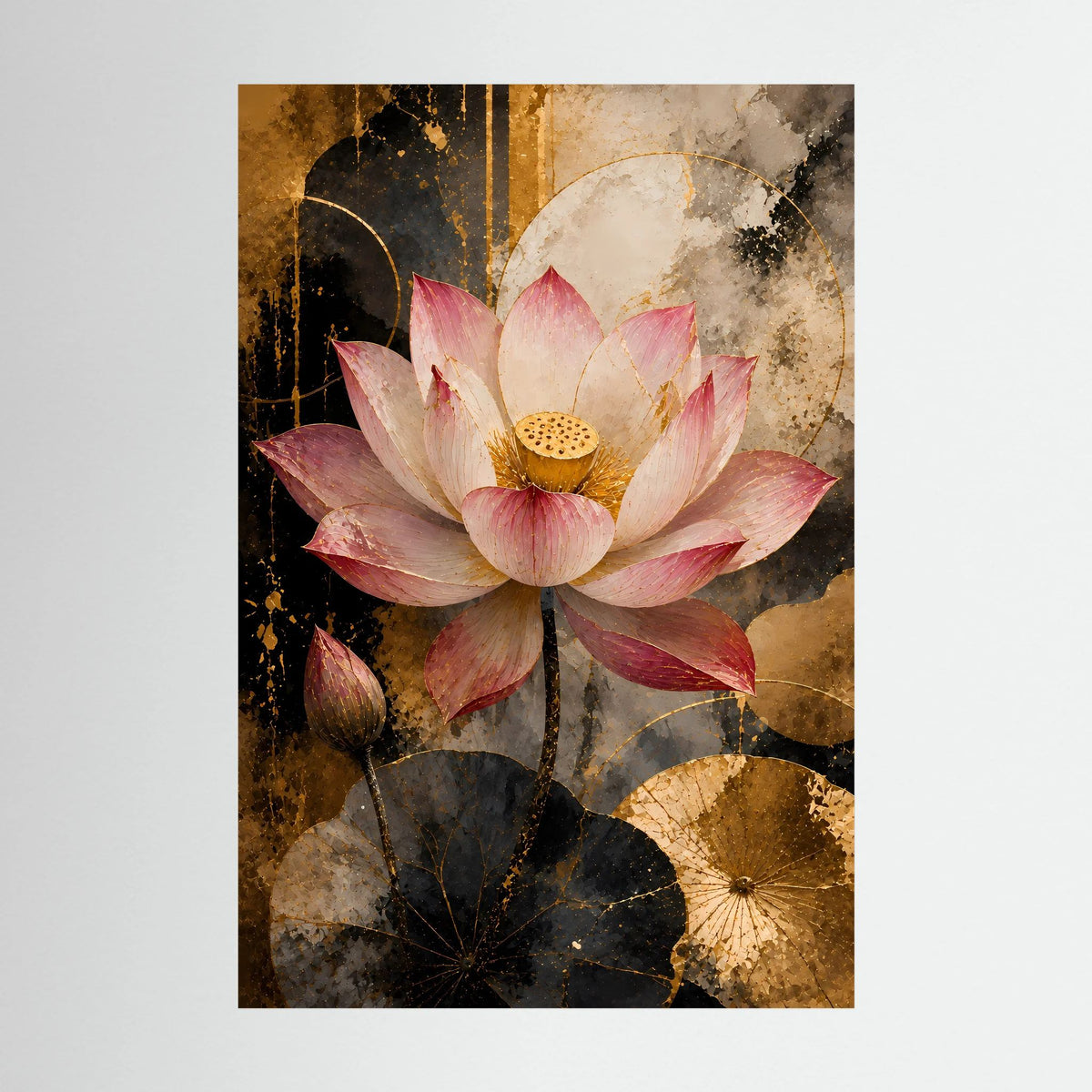 Rosa Lotusblüte in Gold & Schwarz | Elegante florale Kunst | Poster Hochformat