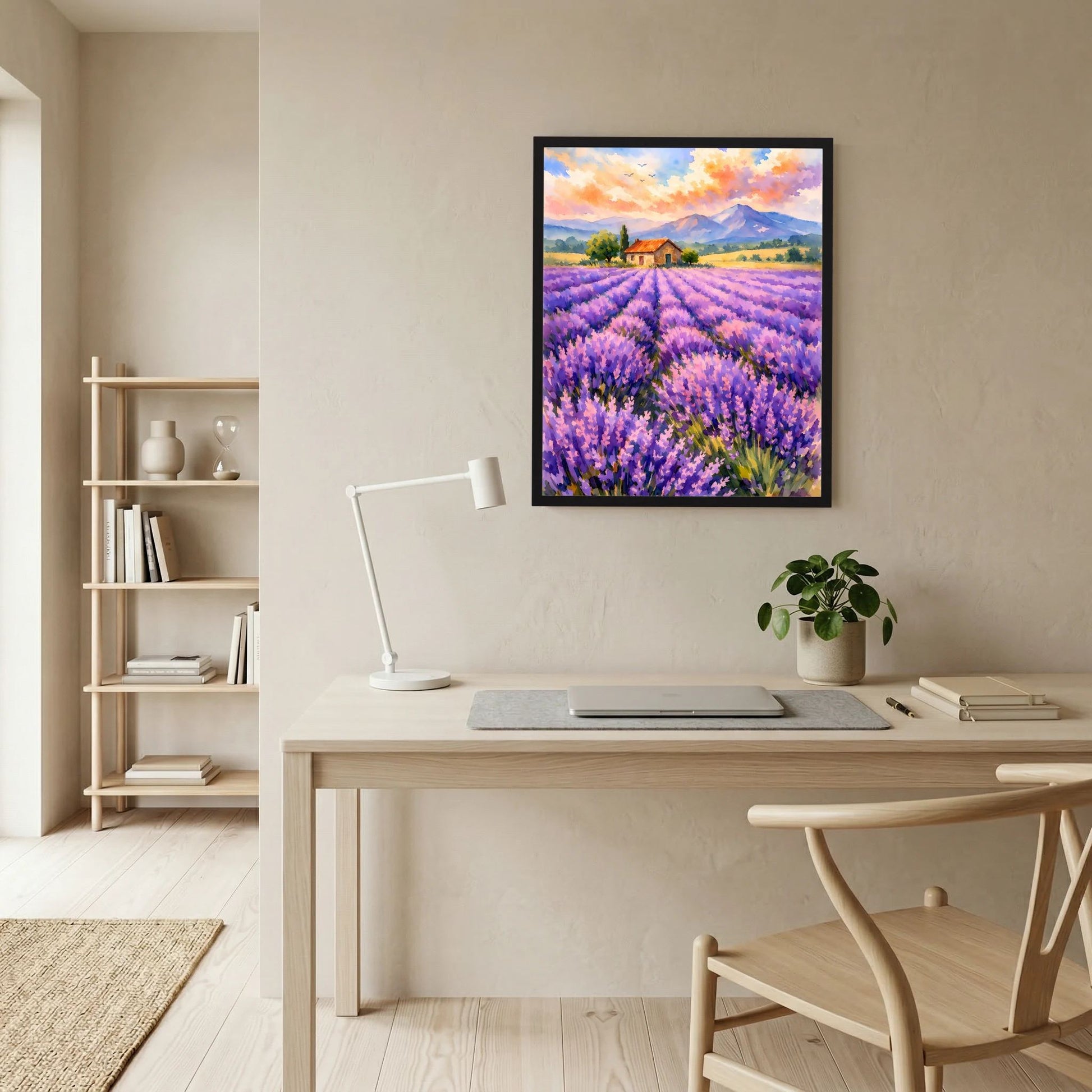 Gerahmtes Wandposter: Lavendelfeld in der Provence mit Berghaus im lila Feld