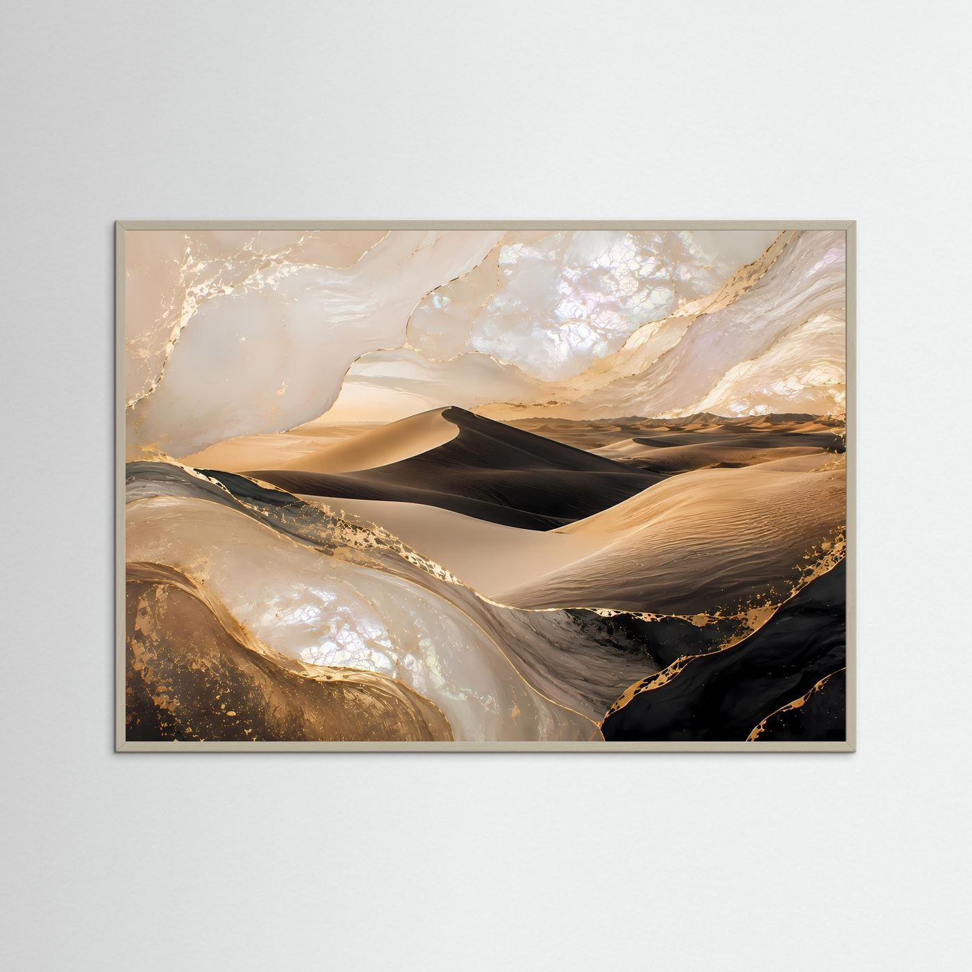 Querformat-Poster im grauen Rahmen: Wüstenlandschaft mit Sanddünen in Beige und Schwarz