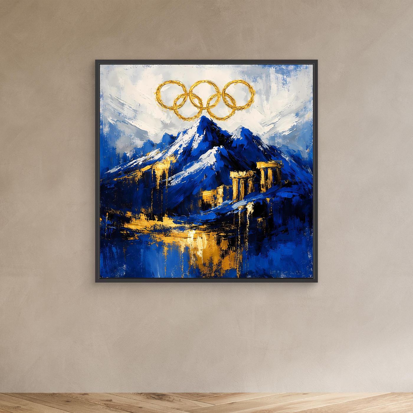 Leinwand Olympischer Geist am Mount Olympus | Abstraktes Berge Wandbild Gold Blau