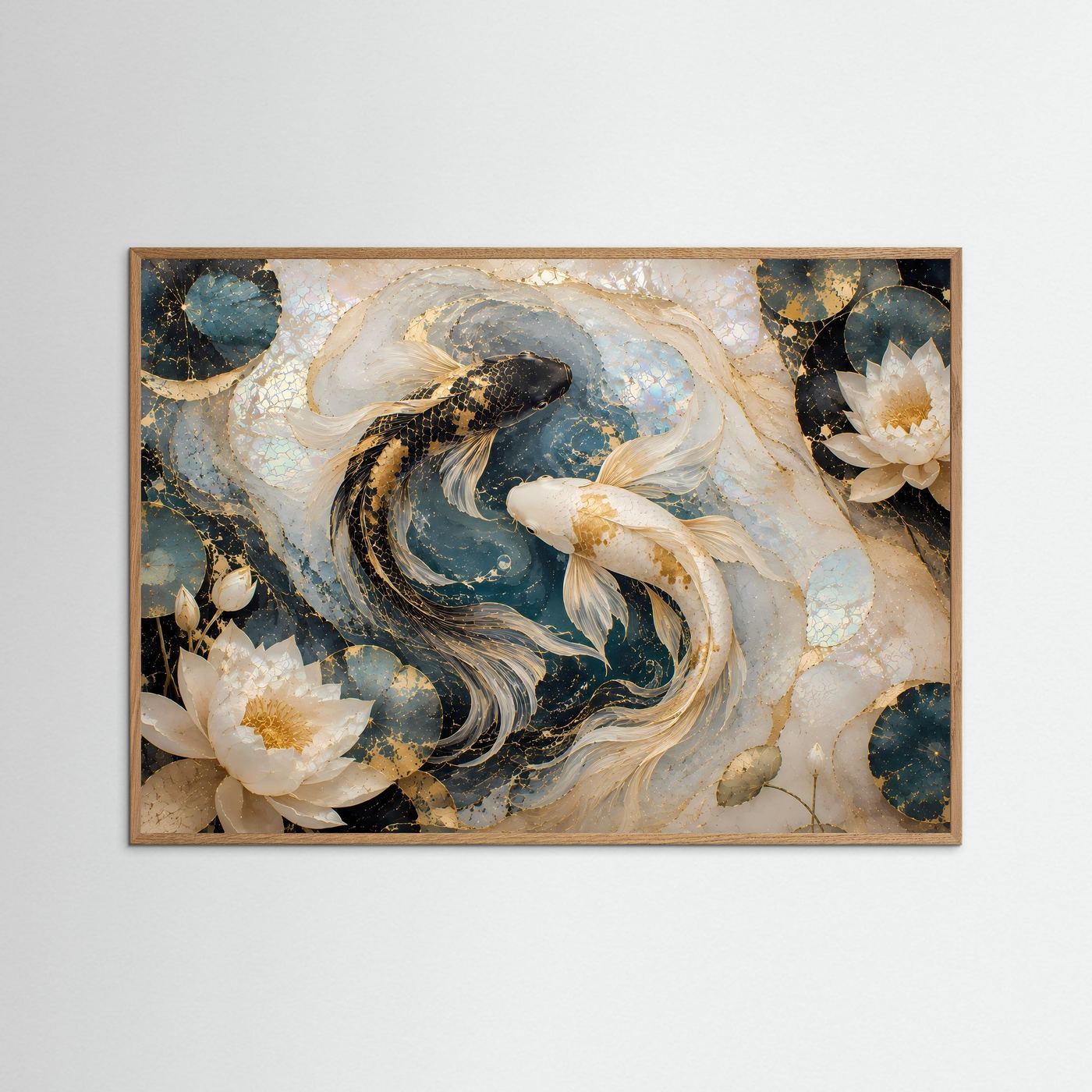 Querformatiges Poster im hellbraunen Holzrahmen: Koi-Fische und Lotusblüten in Blau, Gold, Perlmutt