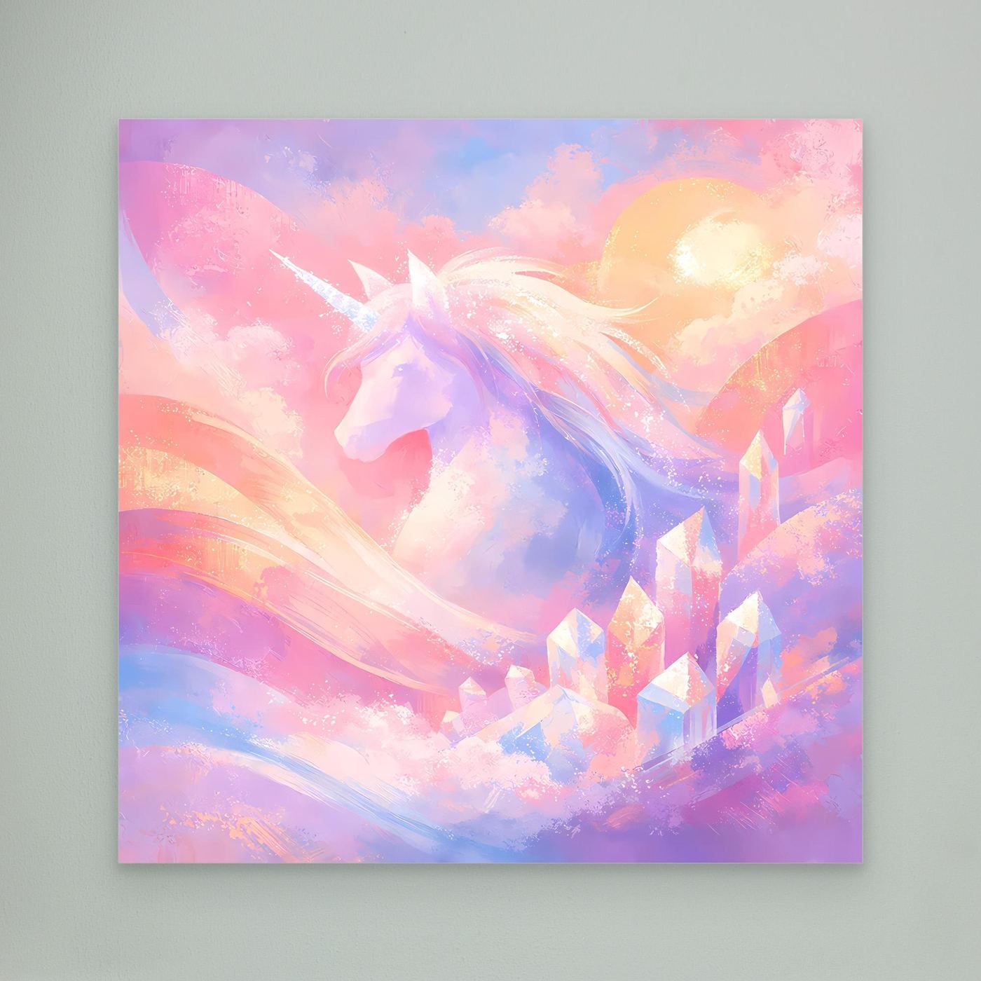 Leinwandbild mit pastellfarbenem Einhorn, Regenbogenlicht und abstrakter Fantasy-Optik
