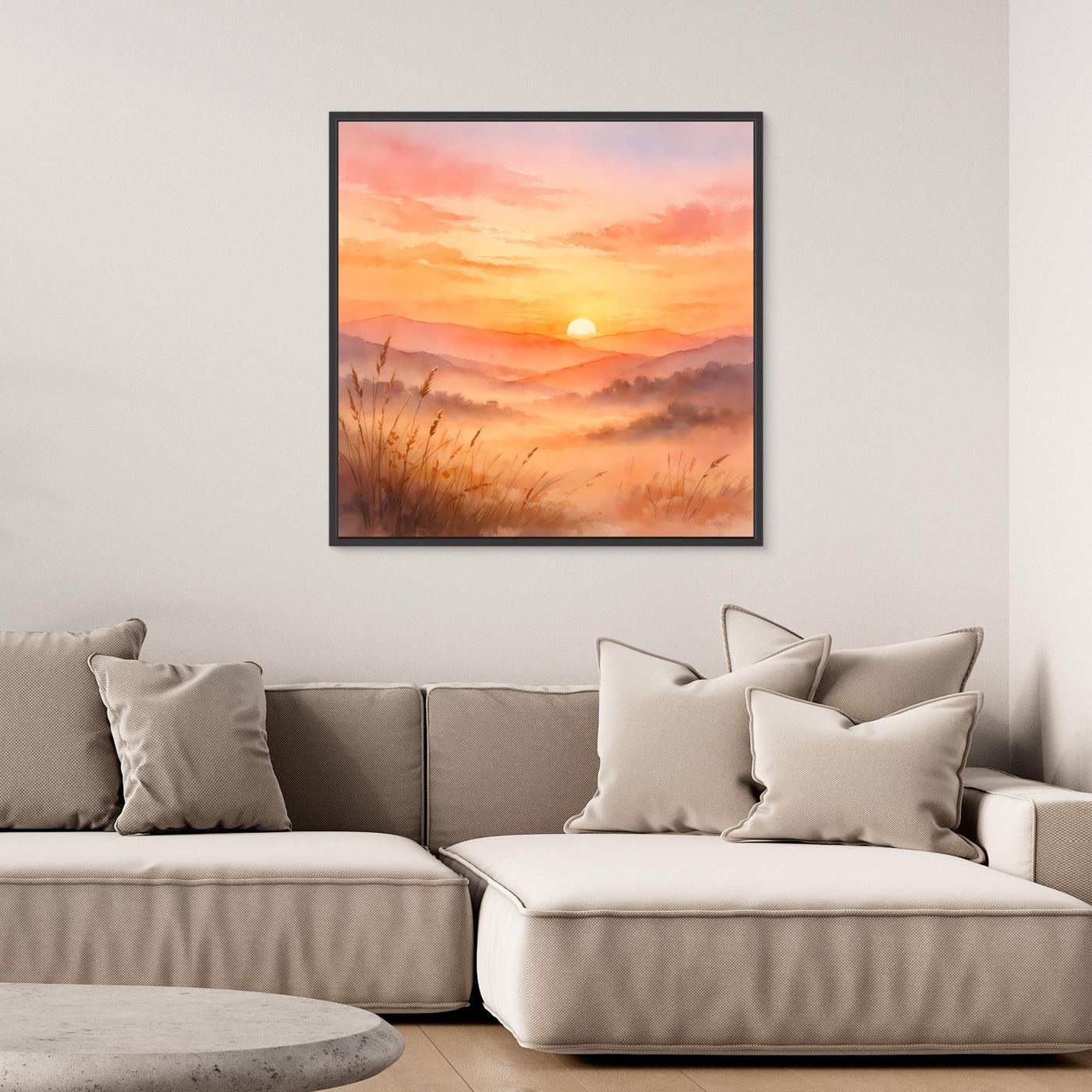 Leinwandbild mit schwarzem Rahmen, warmes Aquarell Sonnenuntergangsmotiv mit Bergen und Schilf