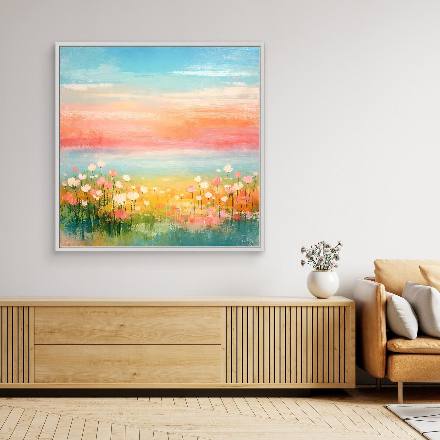 Leinwand-Wandbild mit abstrakter Blumenwiese am Meer, pastellfarben, hellem Rahmen