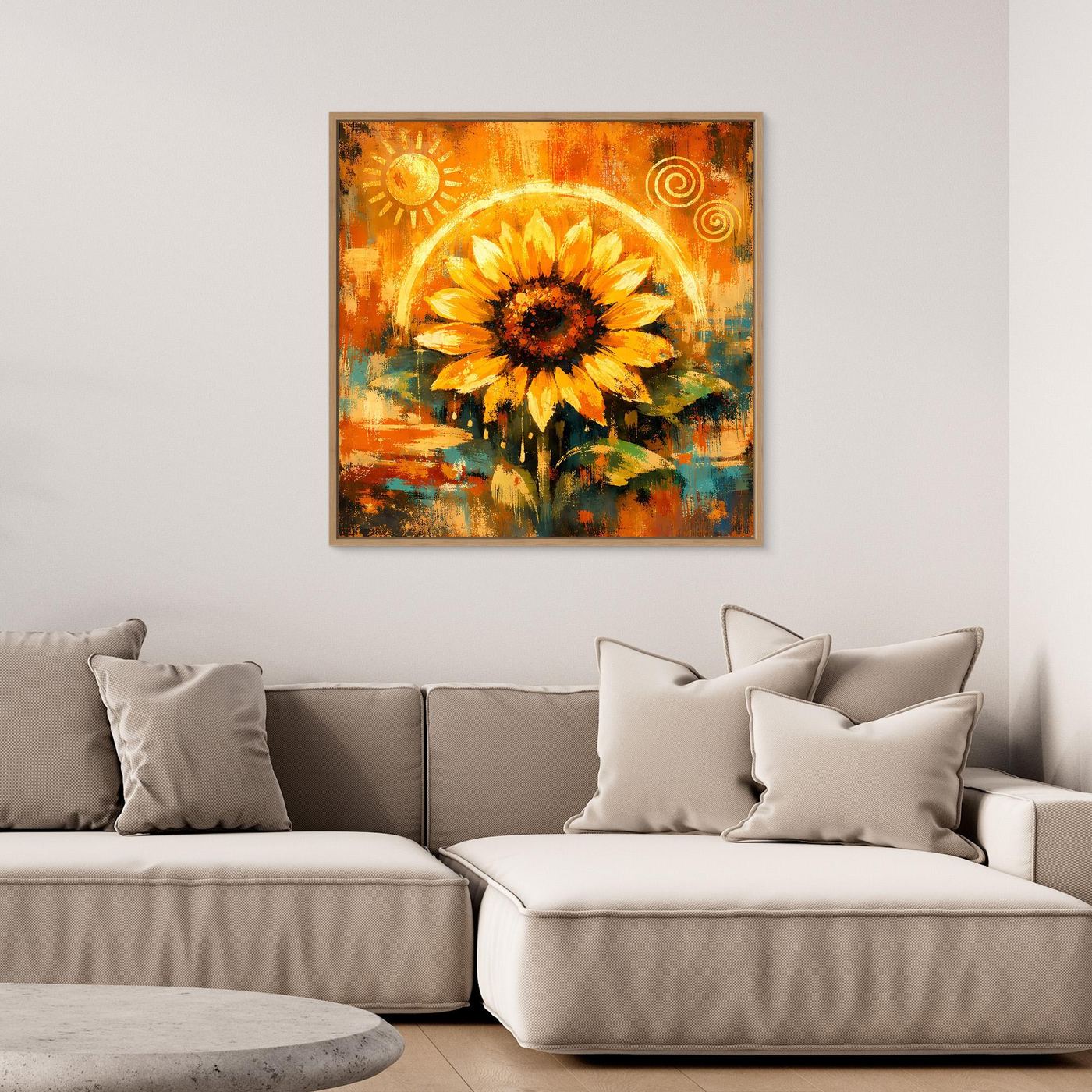 Gerahmtes Leinwandbild mit goldener Sonnenblume und abstrakten, farbigen Pinselstrichen