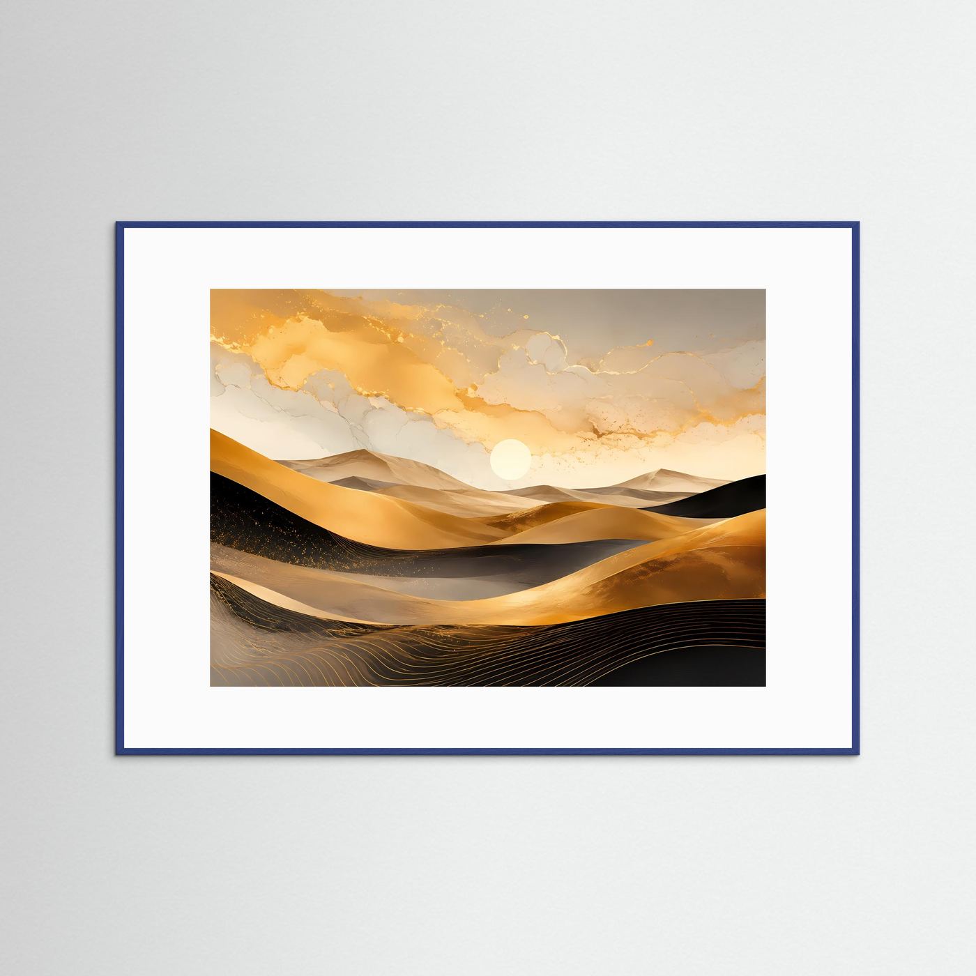 Goldene Wüstendünen Poster | Luxuriöse Minimalistische Wüstenlandschaft in Schwarz Gold Querformat
