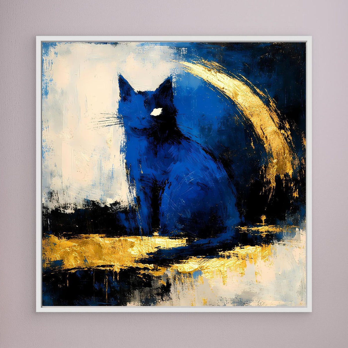 Gerahmtes Leinwand-Wandbild: blaues Tiermotiv mit Goldbogen, weißer Rahmen
